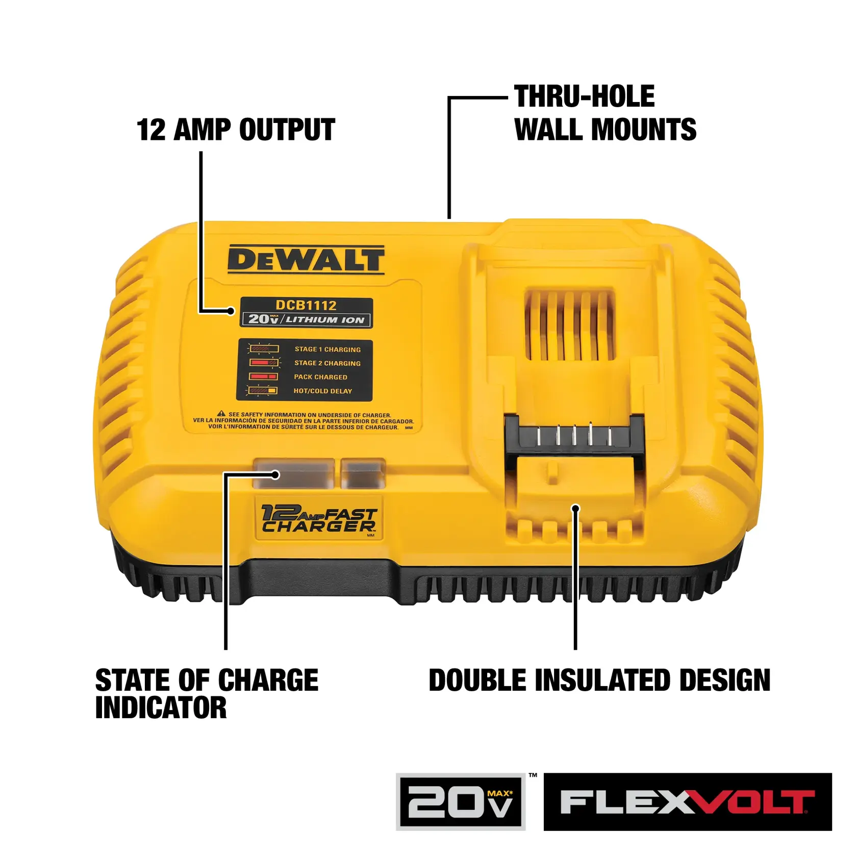 A DEWALT DCB1112 20V Lithium Ion battery charger in yellow and black. Labels highlight features such as 12 amp output, thru-hole wall mounts, state of charge indicator, double insulated design, and fast charger. FLEXVOLT and 20V MAX logos are also visible.