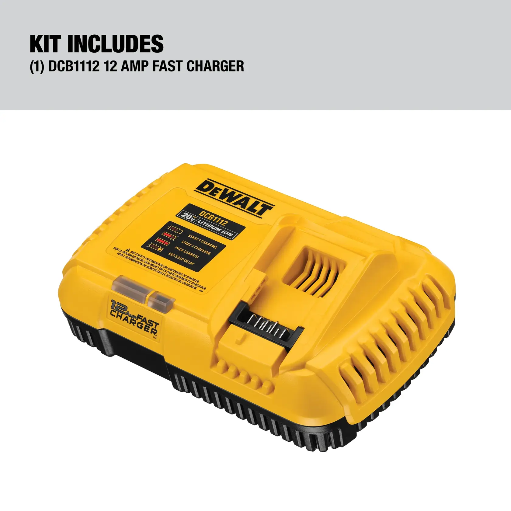 A yellow DEWALT DCB1112 12 Amp fast charger for 20V lithium-ion batteries is shown. The charger has black detailing and a label with instructions on top.