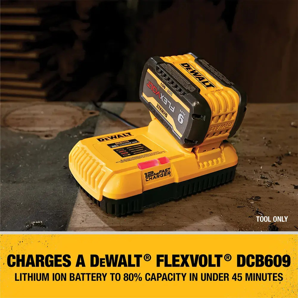 A DEWALT FLEXVOLT battery charger (model DCB1112) is shown charging a DEWALT lithium ion battery. The text states that it charges a DEWALT FLEXVOLT DCB609 lithium ion battery to 80% capacity in under 45 minutes.