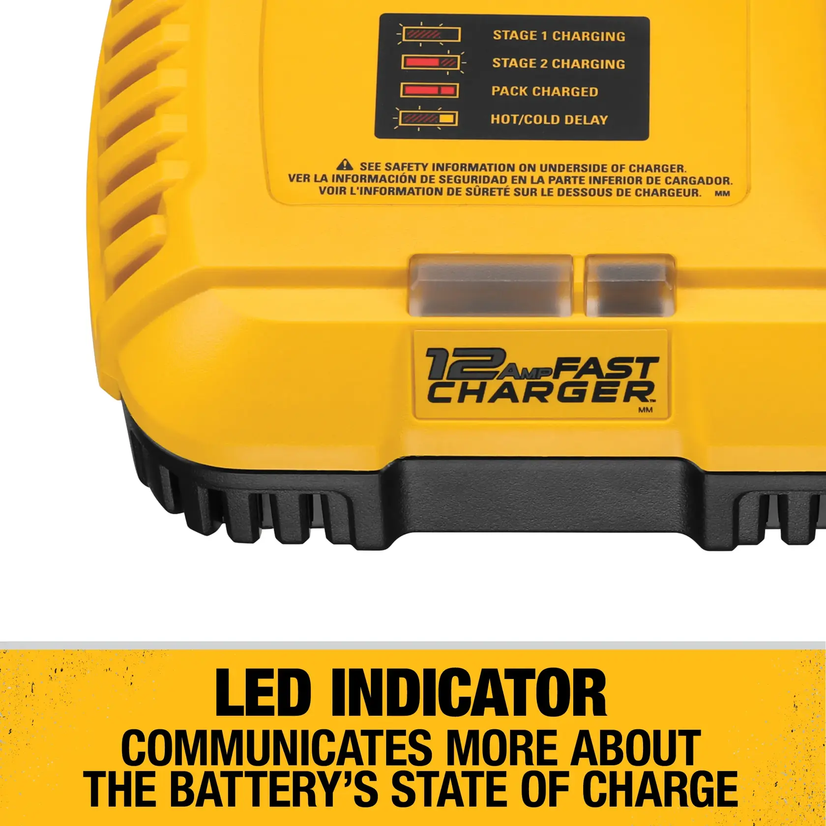 Close-up image of a yellow DEWALT 12 Amp fast charger for batteries. The charger features an LED indicator panel that shows the battery's charging stages, including Stage 1 Charging, Stage 2 Charging, Pack Charged, and Hot/Cold Delay. Text below highlights that the LED indicator communicates more about the battery’s state of charge.