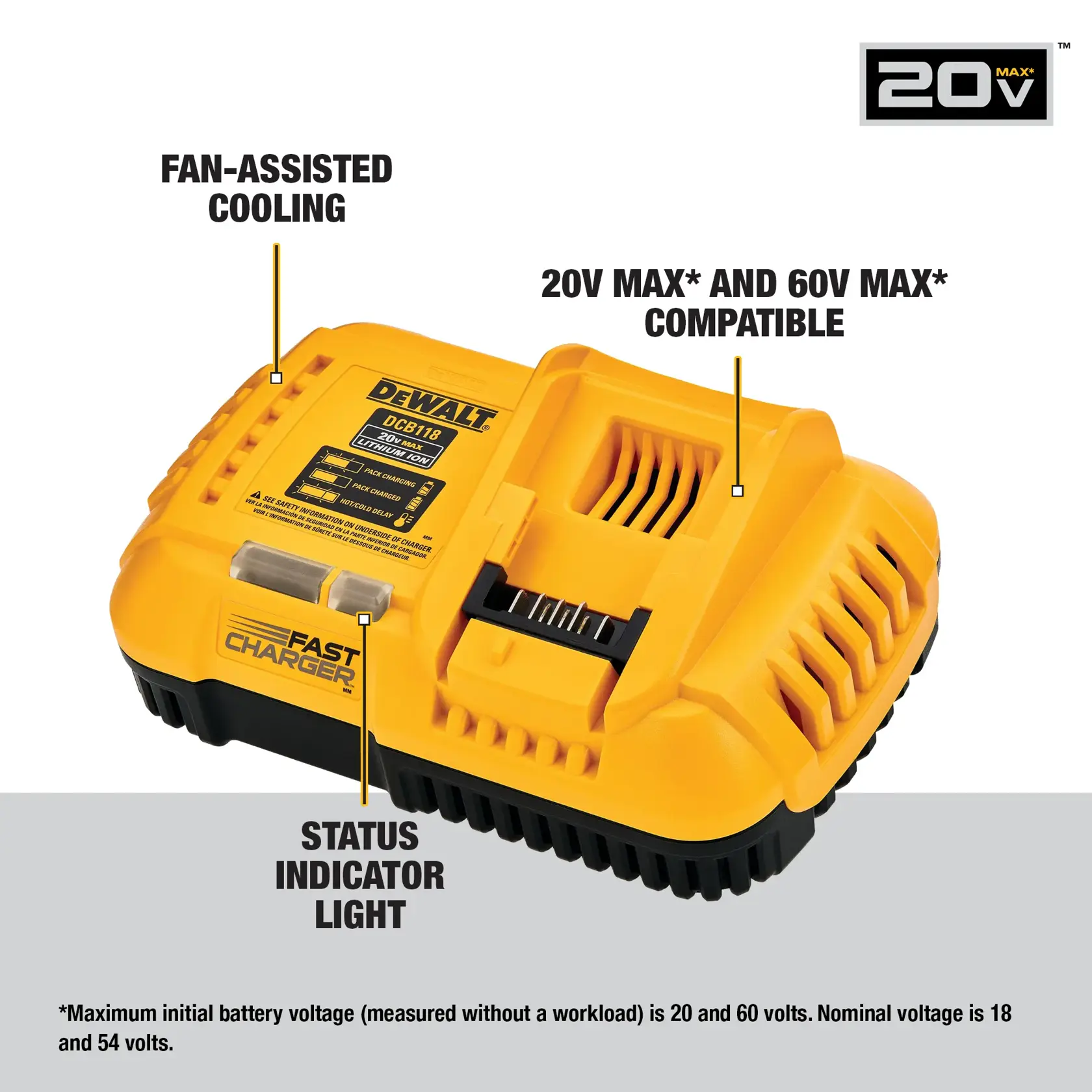 Image of a DEWALT DCB118 fast charger for power tool batteries, featuring fan-assisted cooling, a status indicator light, and compatibility with 20V Max and 60V Max batteries. The charger is yellow with black accents and has labeled features.
