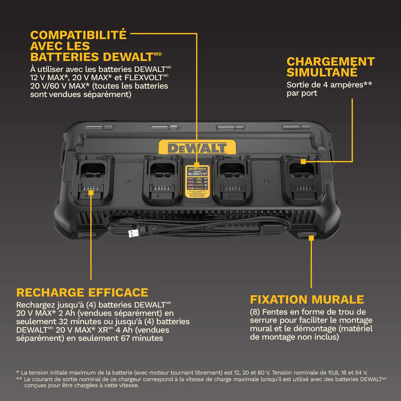 Image of a DEWALT battery charger model DCB1404, featuring four charging ports. The charger supports DEWALT 12V MAX, 20V MAX, and FLEXVOLT 20V/60V MAX batteries (all sold separately). The charger offers simultaneous charging with a 4 amp output per port. It efficiently charges up to four DEWALT 20V MAX 2Ah batteries in as little as 32 minutes, or four DEWALT 20V MAX XR 4Ah batteries in as little as 67 minutes. Wall mounting is supported via eight keyhole slots (mounting hardware not included).