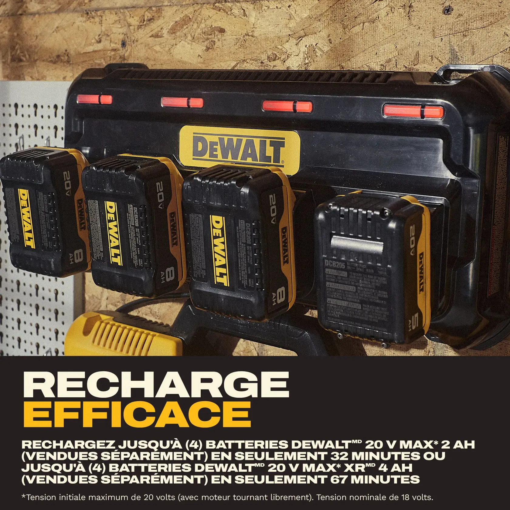 A DEWALT battery charger mounted on a wall, charging four 20V MAX batteries. Promotional text highlights efficient charging, stating the charger can power up to four 2Ah batteries in as little as 32 minutes, or four 4Ah batteries in as little as 67 minutes. The charger and batteries are black with yellow branding.