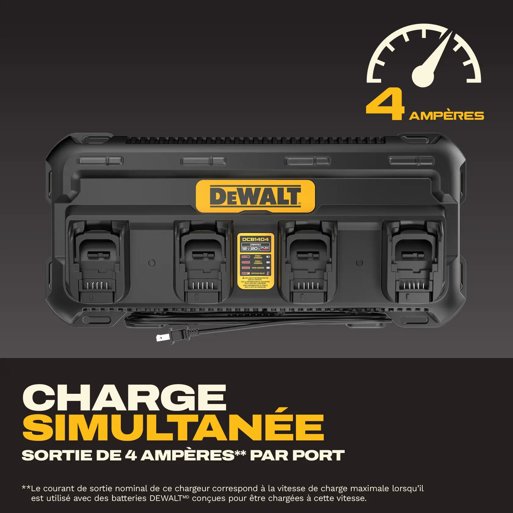 Image showing a DEWALT DCB1404 battery charger with four charging ports. The charger is labeled for simultaneous charging with a 4 amp output per port. There is a visual gauge indicating 4 amp output and text highlighting 'Simultaneous Charging' and '4 AMP OUTPUT PER PORT'.