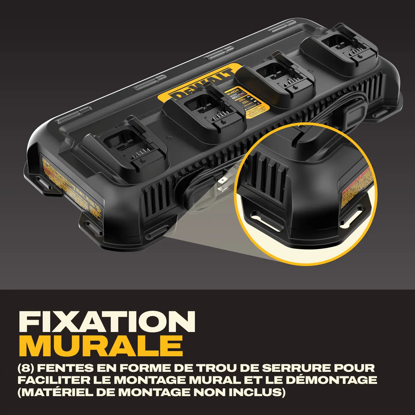 A DEWALT battery charger with four charging slots shown angled on a dark background. Text highlights its wall-mountable feature with eight keyhole slots for easy mounting and removal, and notes that mounting hardware is not included. A close-up circle emphasizes two of the keyhole slots.