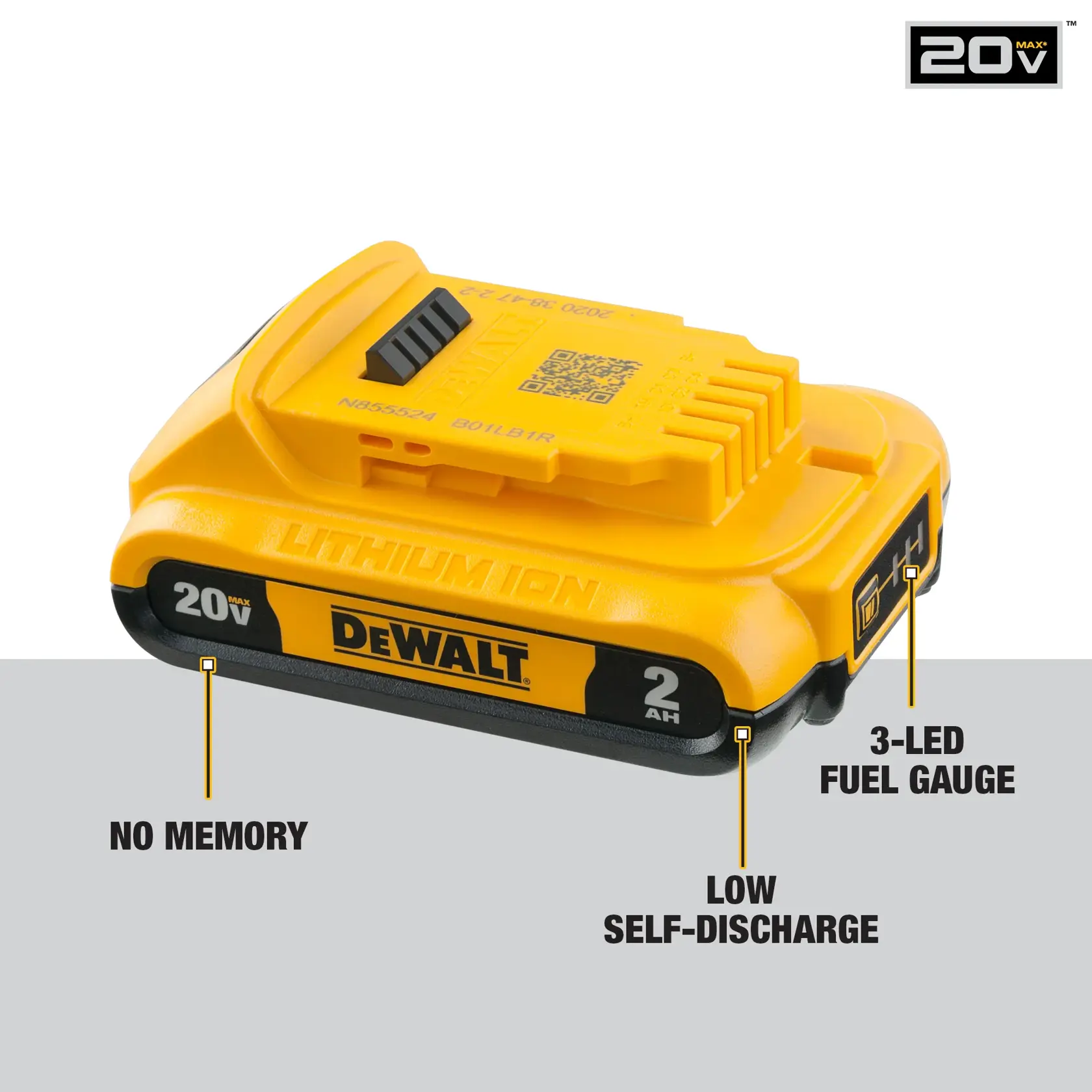 A DEWALT 20V MAX lithium-ion battery pack (model DCB203) with a 2 Ah capacity is shown. Key features are highlighted: no memory, low self-discharge, and a 3-LED fuel gauge. The battery is yellow and black, with DEWALT branding and 20V MAX marking.