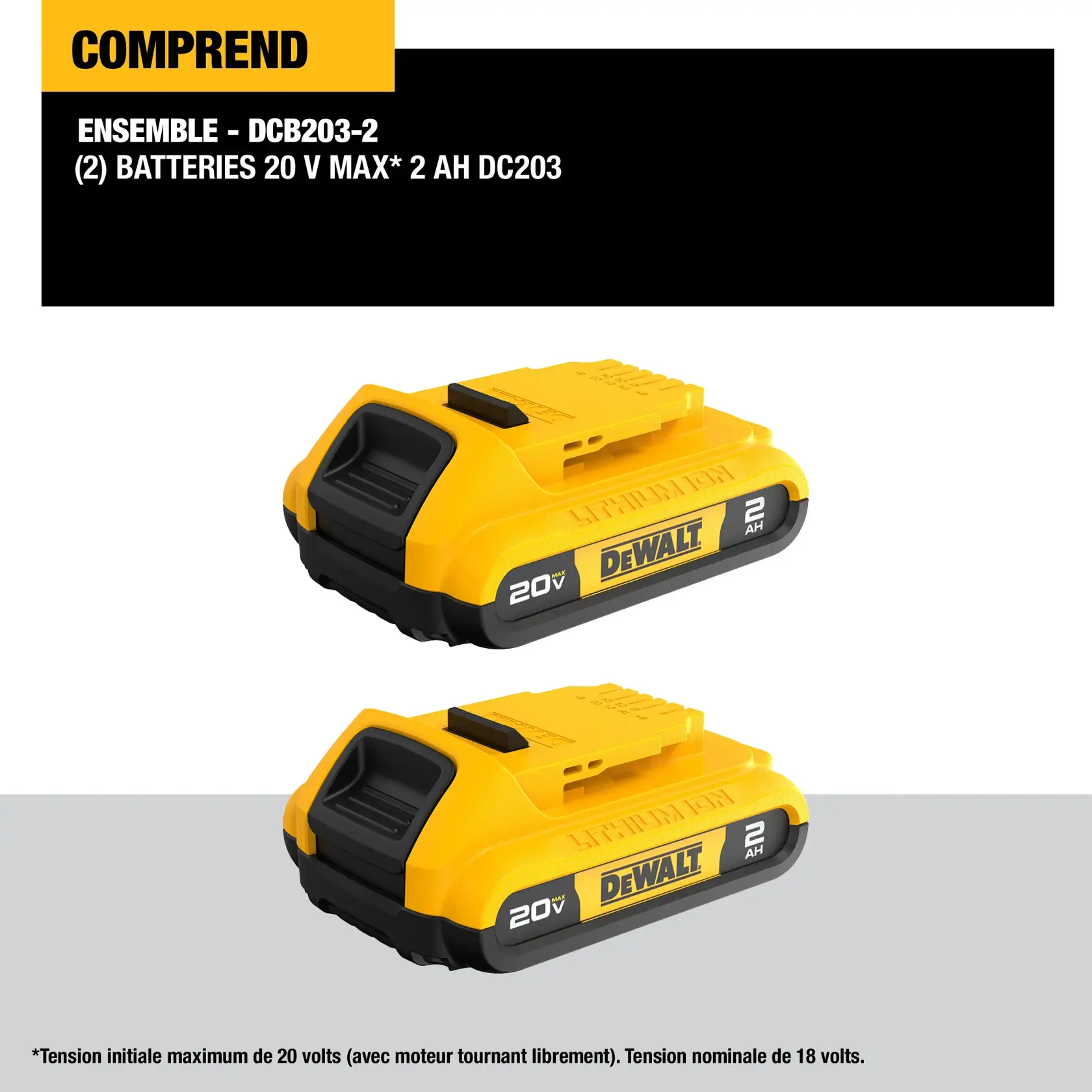 Image shows a DEWALT kit DCB203-2, which includes two DC203 20V MAX lithium-ion batteries with 2 amp hours capacity. Both batteries are yellow and black, and display the DEWALT logo along with voltage and capacity markings.