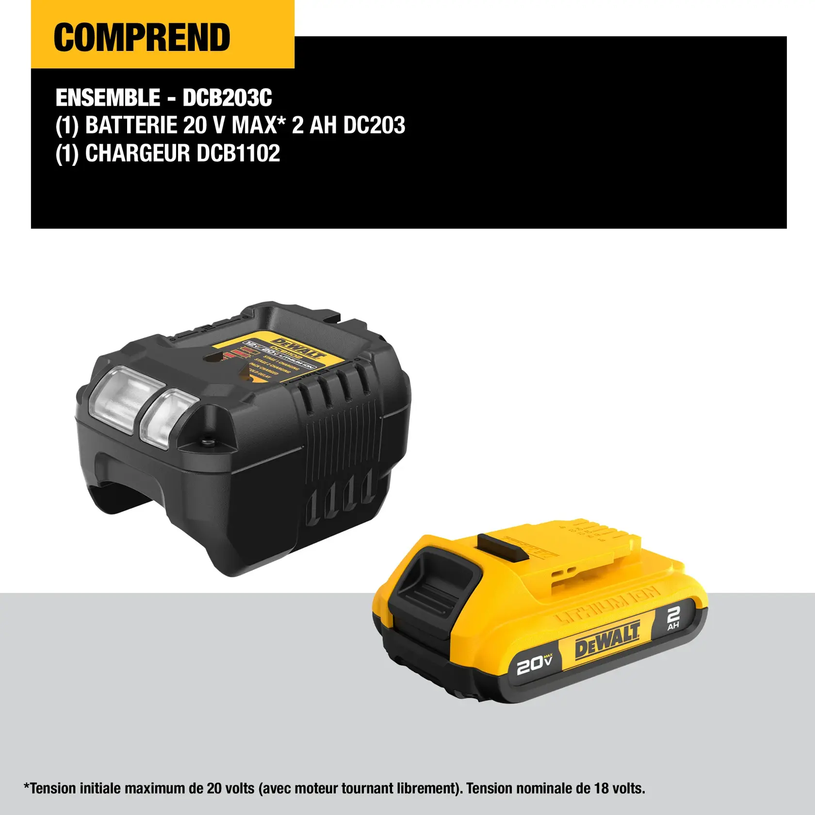 Image showing a DEWALT DCB203C kit, which includes a DC203 20V MAX 2 Ah battery and a DCB1102 charger. The battery is yellow and black with DEWALT branding, and the charger is black with a yellow label. Text details the included items and specifies the battery voltages.