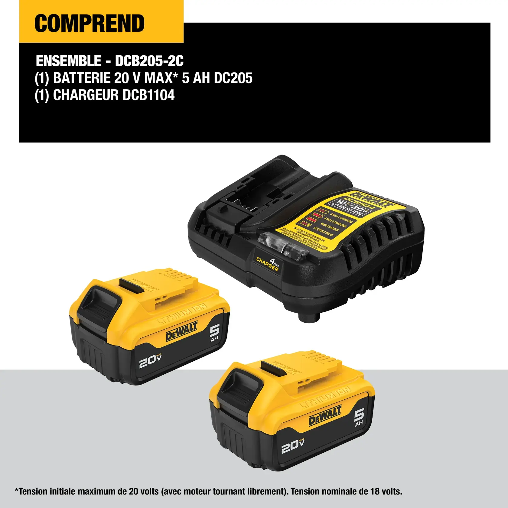 Two DEWALT 20V MAX 5Ah batteries and one charger shown as part of the kit contents.