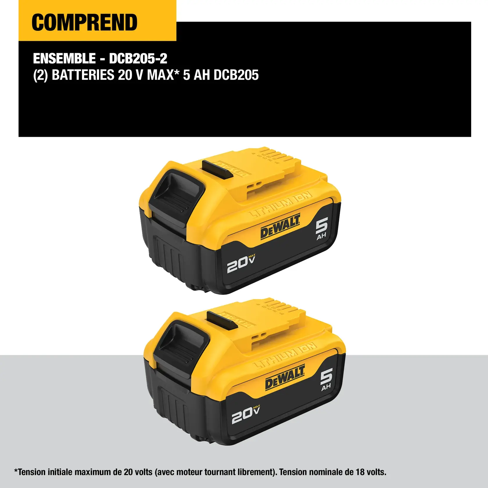 Image showing a kit that includes two DEWALT DCB205 20V MAX 5 AH lithium-ion batteries, with yellow and black casing.
