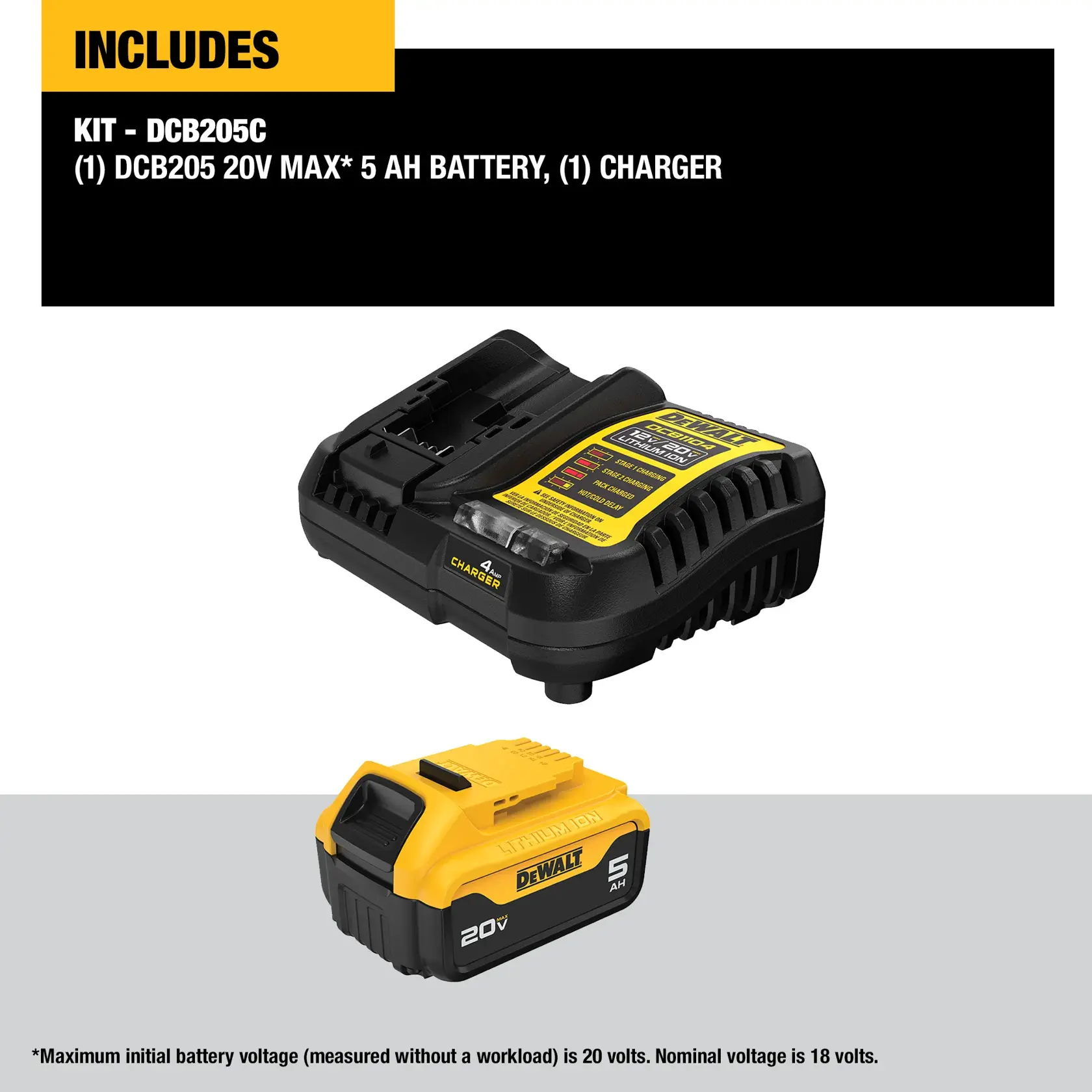Image displaying the DEWALT DCB205C kit, which includes a black and yellow 20V MAX 5 Ah lithium-ion battery and a charger. Text highlights that the kit contains one DCB205 battery and one charger.