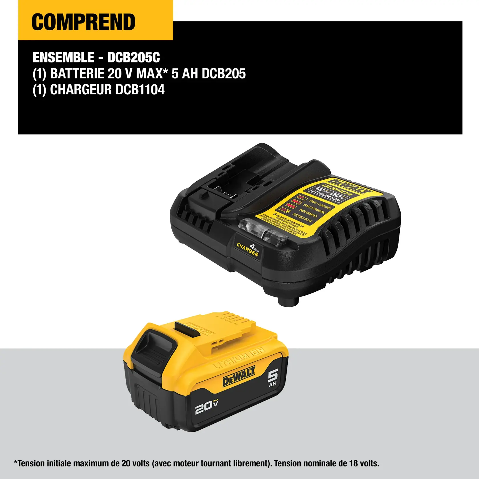 Image displaying the DEWALT DCB205C kit, which includes a black and yellow 20V MAX 5 Ah lithium-ion battery and a charger. Text highlights that the kit contains one DCB205 battery and one charger.