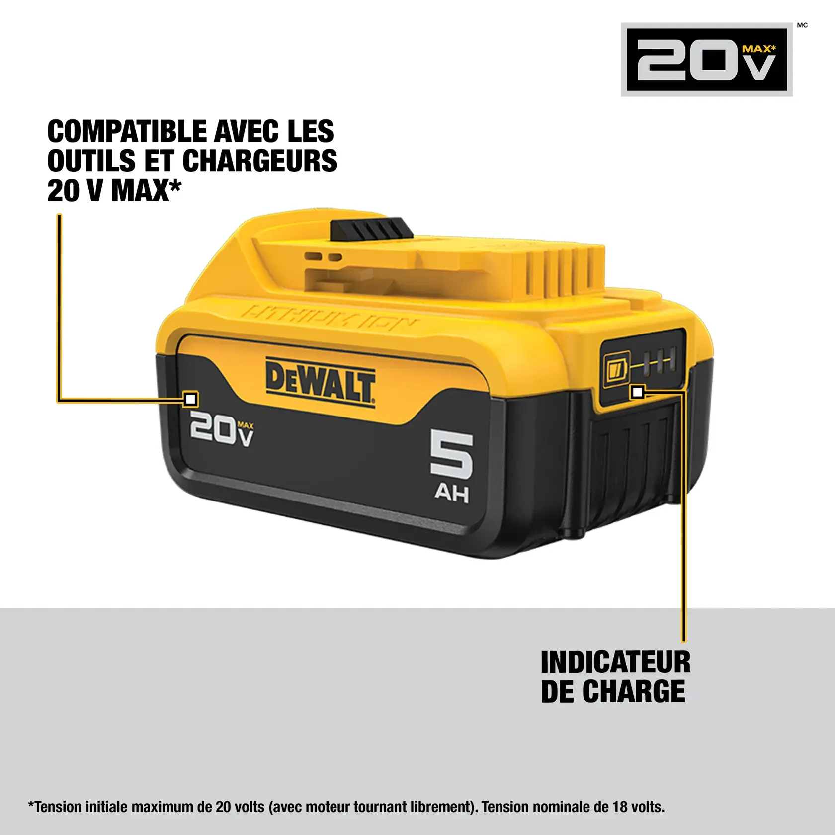 Image of a DEWALT 20V MAX lithium-ion battery pack, model DCB205C, with 5 amp hour capacity. Labels highlight compatibility with 20V MAX tools and chargers, and the battery's state of charge indicator feature.