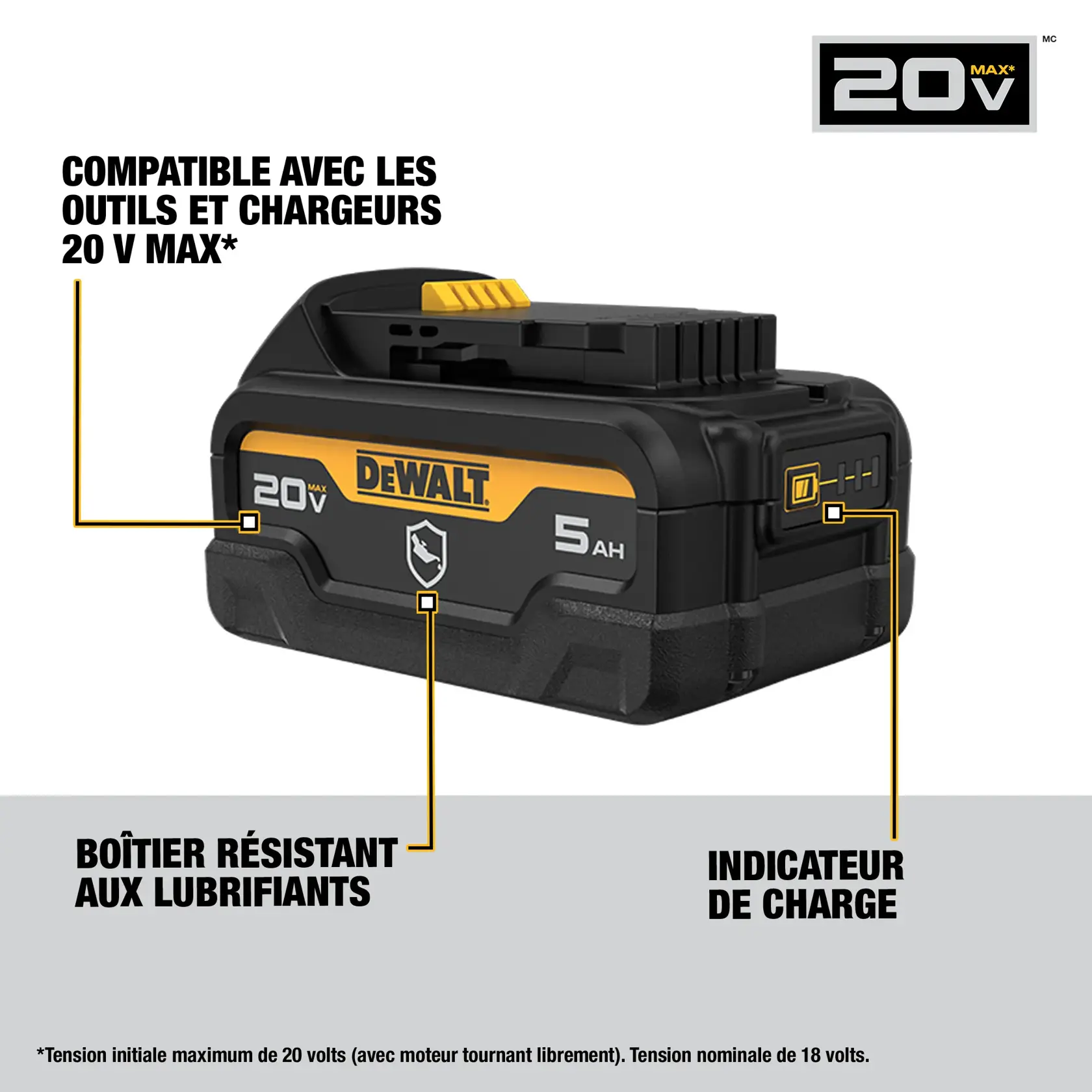 Image showing a DEWALT 20V MAX 5Ah lithium-ion battery. The battery is labeled as compatible with 20V MAX tools and chargers, and features a state of charge indicator on its side.