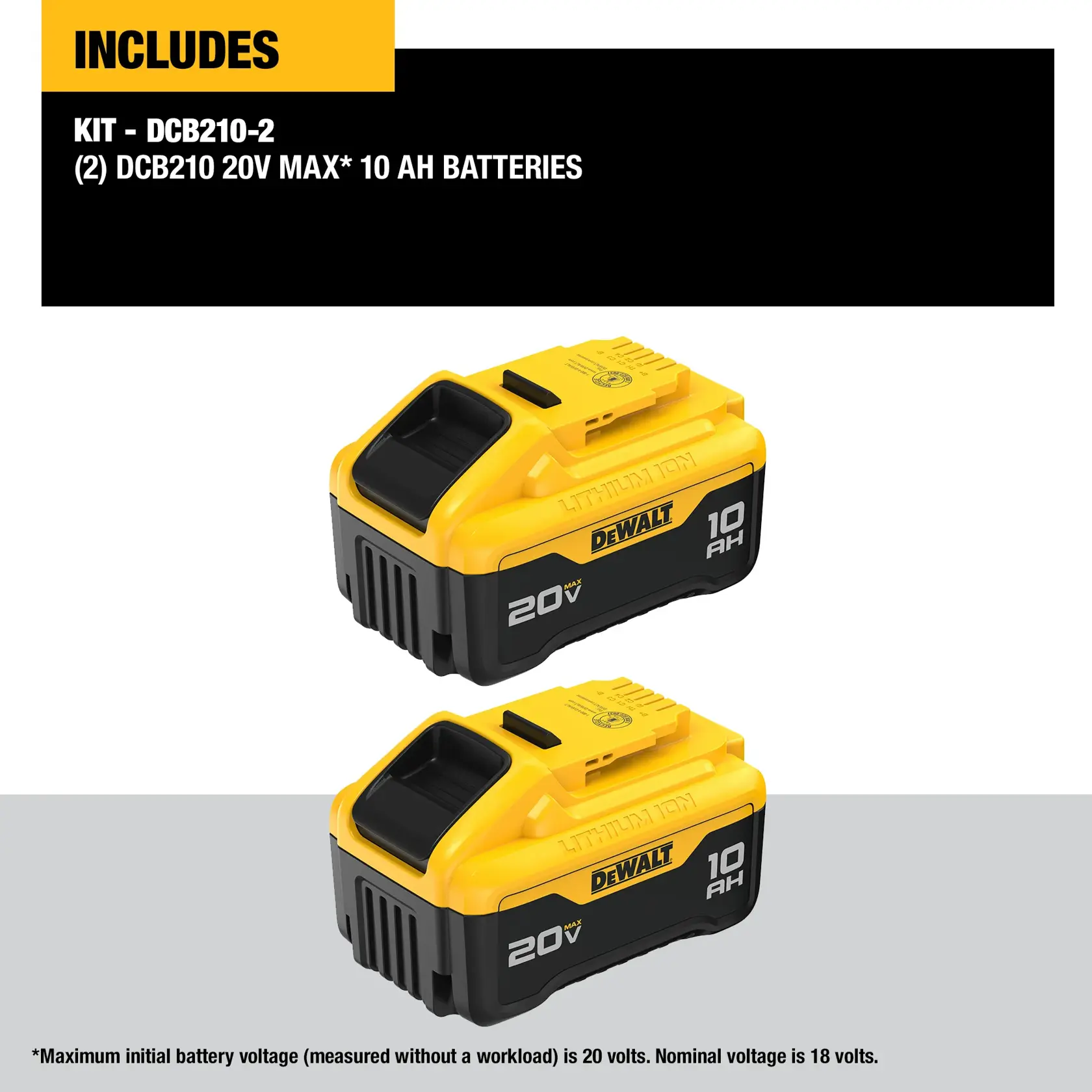 Product image showing two DEWALT 20V MAX 10Ah lithium-ion batteries included in kit DCB210-2. The batteries are yellow and black, with '20V MAX' and '10 Ah' markings. Text highlights that the kit includes two DCB210 batteries and notes the maximum initial voltage is 20 volts, with nominal voltage at 18 volts.