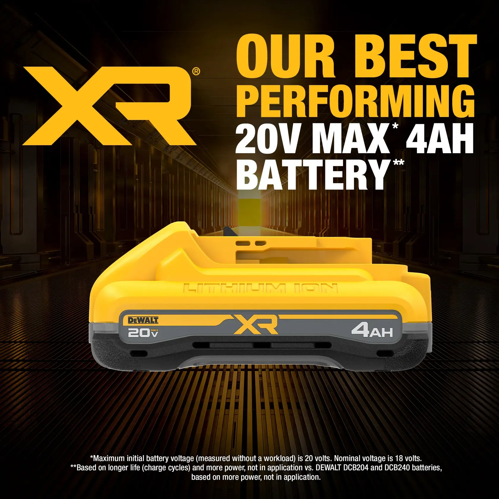 Promotional image showing a yellow DEWALT XR PowerPack 20V MAX 4Ah lithium-ion battery. The text highlights 'Our Best Performing 20V MAX 4Ah Battery' and includes disclaimers about maximum initial voltage and battery life. The DEWALT and XR PowerPack logos are visible.