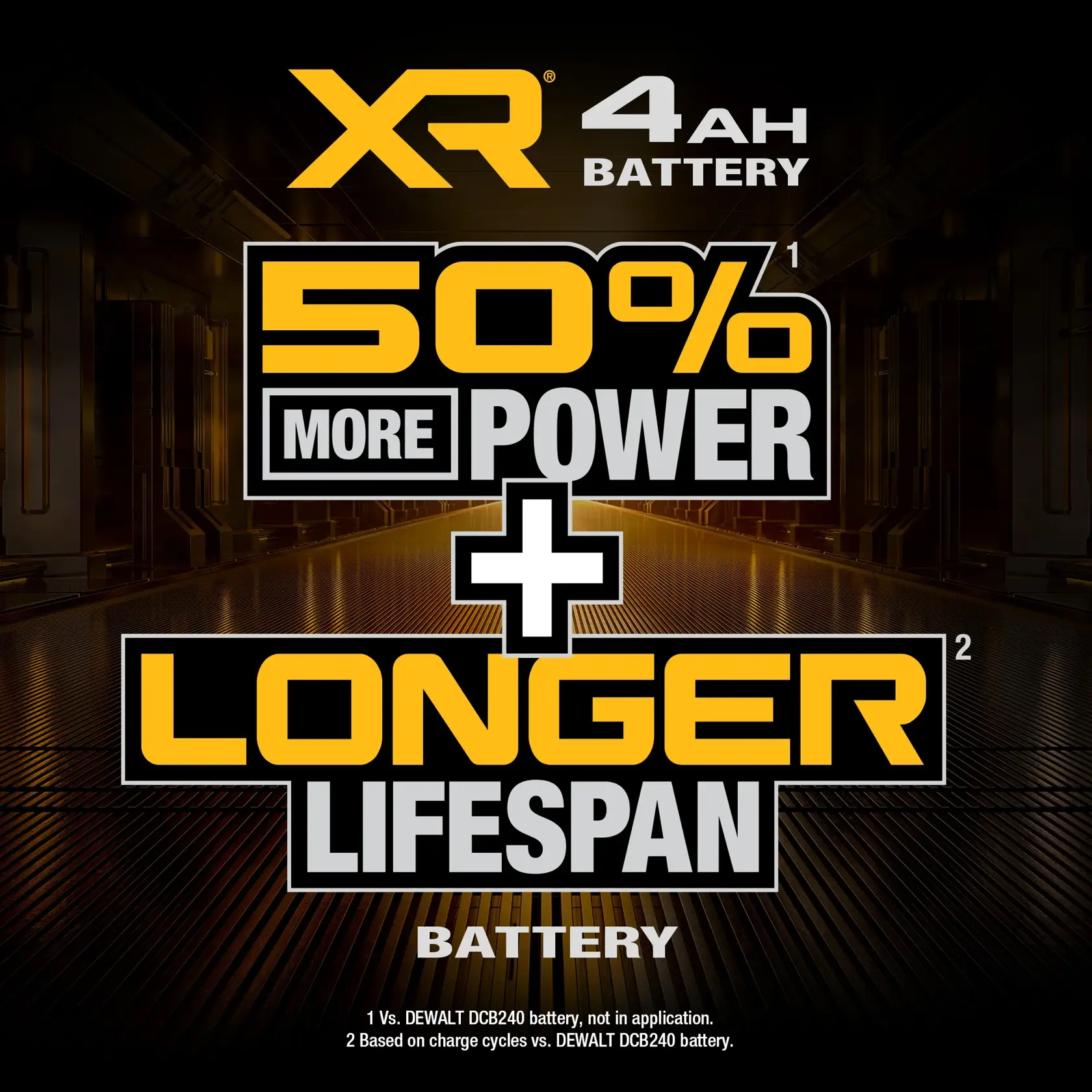 Promotional graphic for DEWALT XR 4Ah Battery, highlighting features such as 50% more power and longer lifespan compared to DEWALT DCB240 battery. The background shows an industrial setting with bold yellow and white text on a black surface.