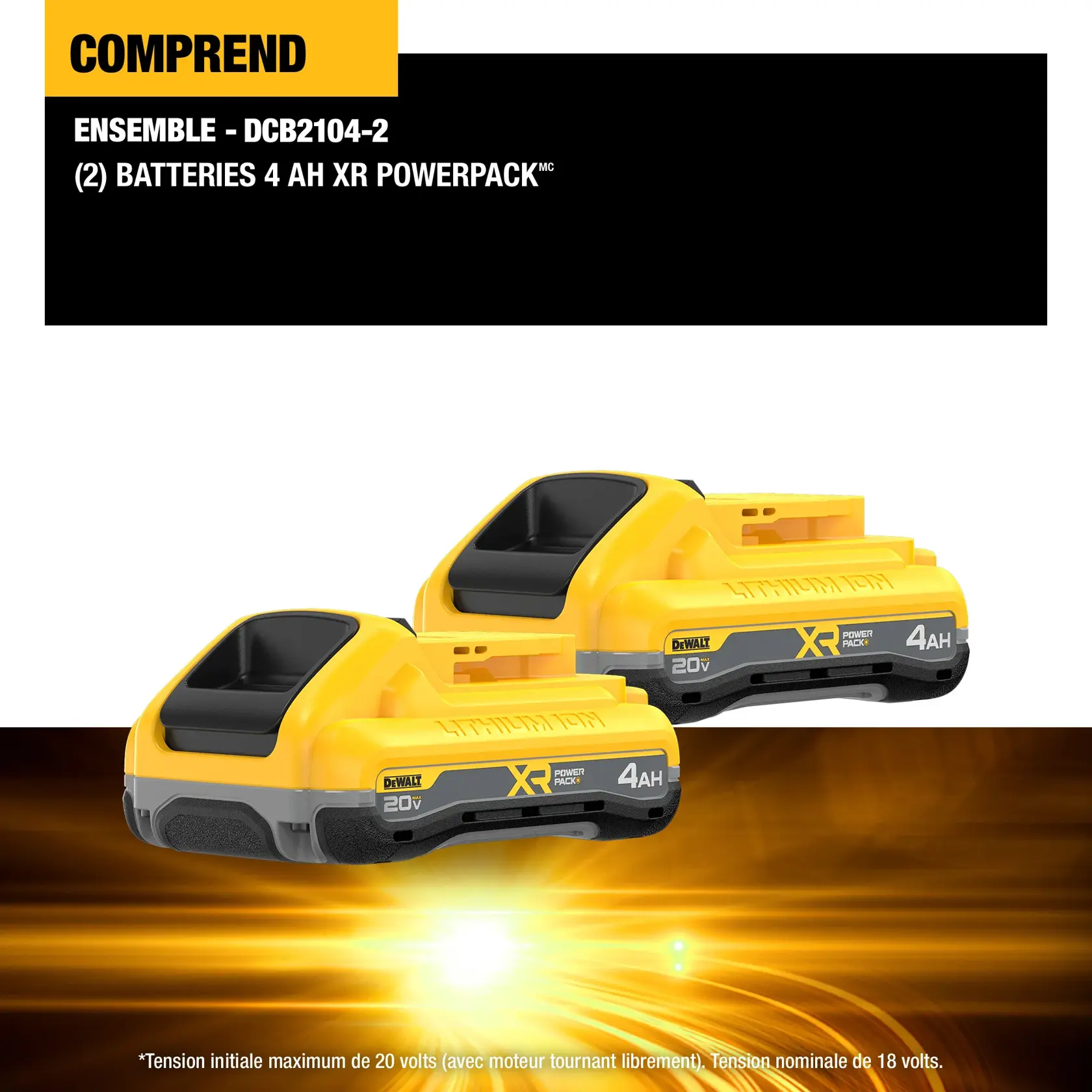 Image showing the DEWALT DCB2104-2 kit which includes two DCB2104 XR Powerpack 20V 4Ah lithium-ion batteries. The batteries are yellow and black, with the DEWALT branding and XR Powerpack labels visible. The background features an orange light burst effect. Text at the bottom notes that the maximum initial battery voltage is 20 volts and nominal voltage is 18 volts.