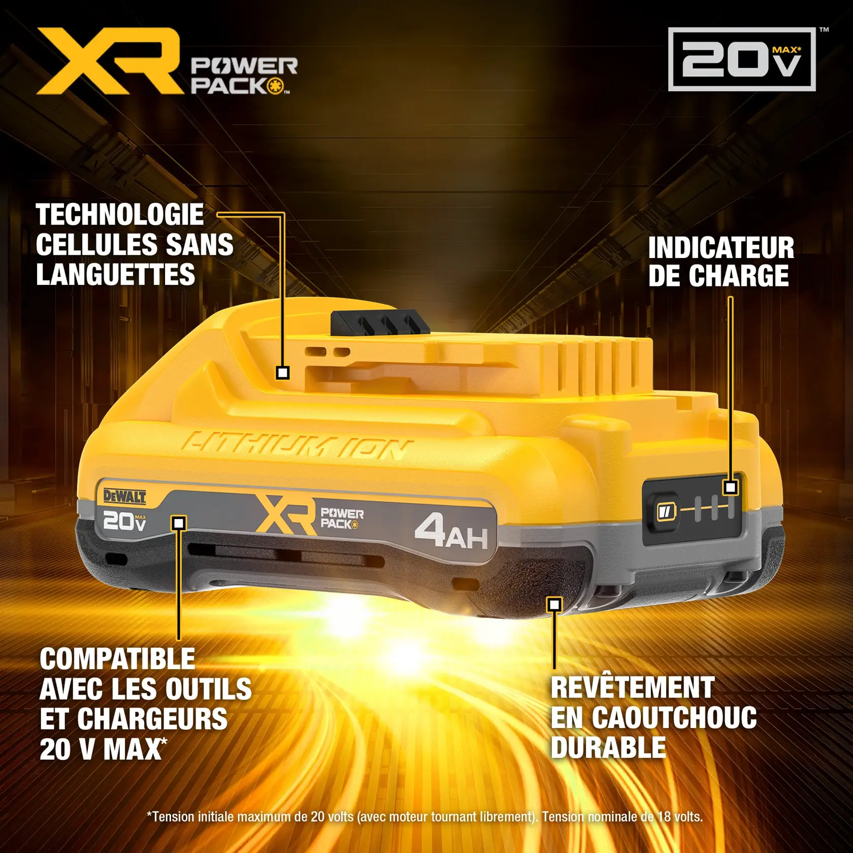 A DEWALT XR Power Pack 20V Max lithium-ion battery with 4 amp hours is shown. Features highlighted include tabless cell technology, state of charge indicator, compatibility with 20V Max tools and chargers, and durable rubber overmold. The battery is yellow and gray with branding and specifications labeled on the side.
