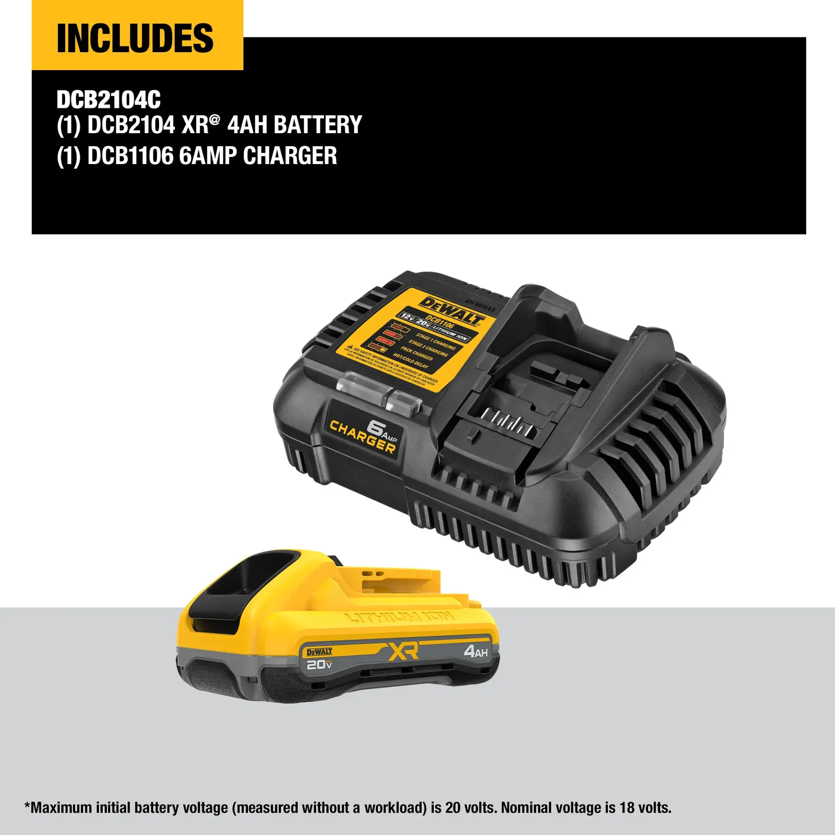 The image shows the contents of a DEWALT kit, including two 20V MAX 5Ah batteries (model DCB205) and one 12V MAX/20V MAX charger (model DCB1104). The batteries are yellow and black, and the charger is black with a yellow label.