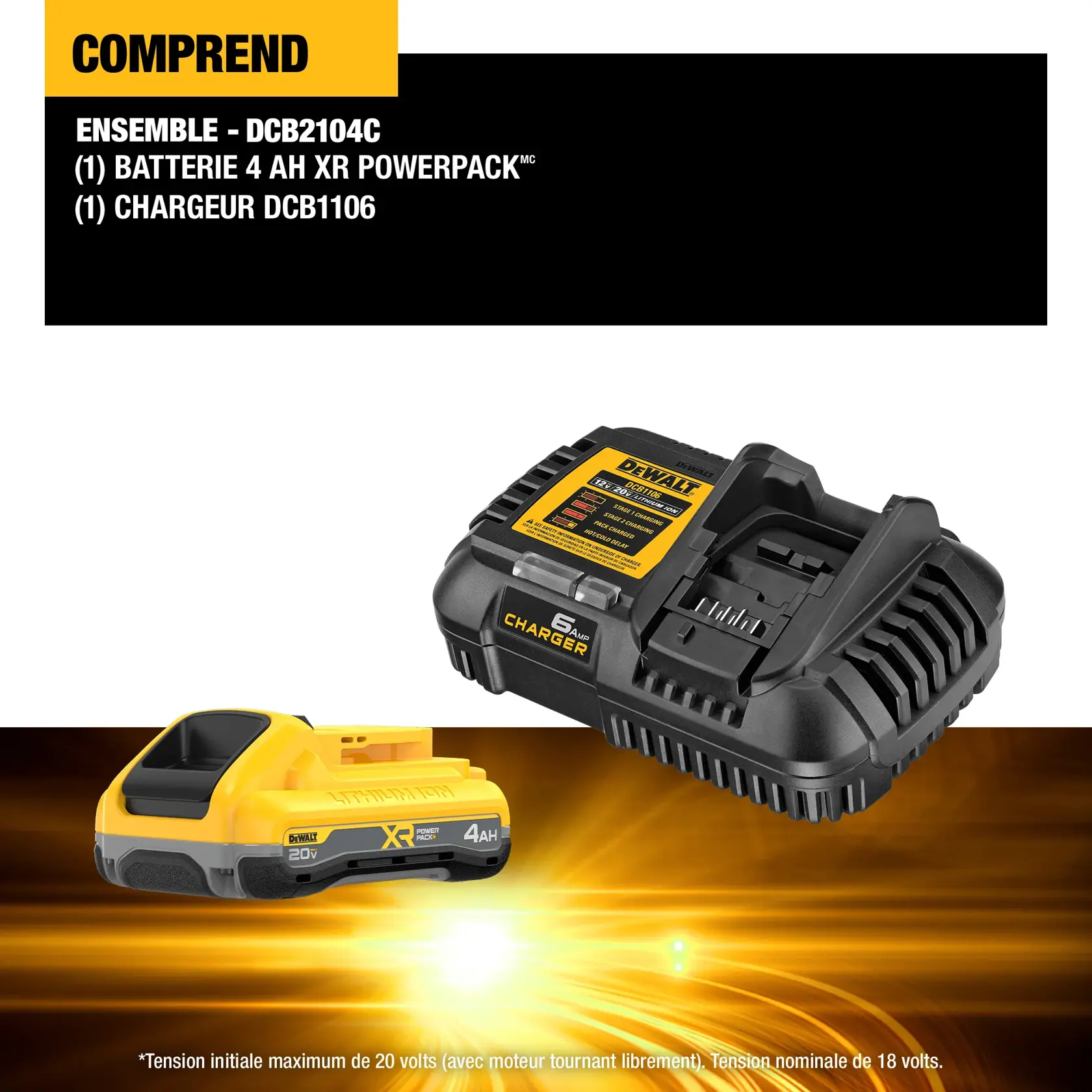 The image shows the contents of a DEWALT kit, including two 20V MAX 5Ah batteries (model DCB205) and one 12V MAX/20V MAX charger (model DCB1104). The batteries are yellow and black, and the charger is black with a yellow label.