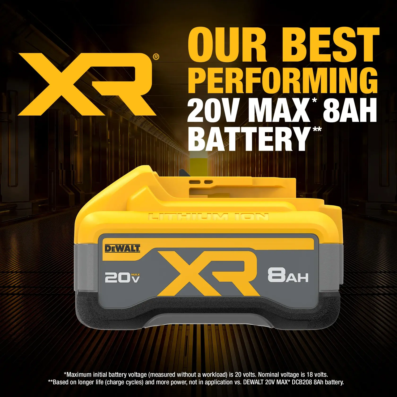 Promotional graphic showing a DEWALT XR PowerPack 20V Max 8Ah lithium-ion battery, with bright yellow branding and text stating 'Our best performing 20V Max 8Ah battery'.