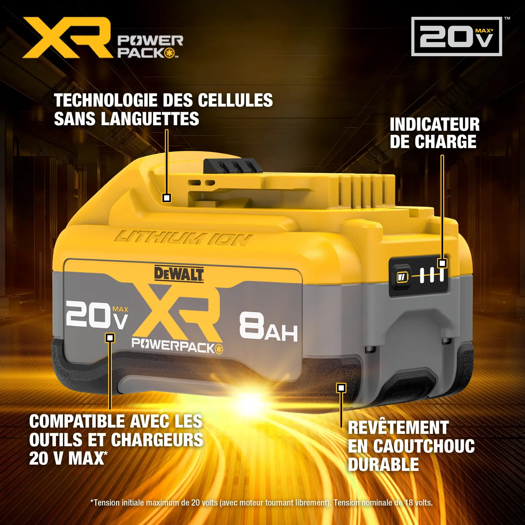 Close-up of a DEWALT XR Power Pack 20V Max 8Ah lithium-ion battery. Features highlighted are tabless cell technology, state of charge indicator, durable rubber overmold, and compatibility with 20V Max tools and chargers. The battery is yellow and gray with bold branding and technical specifications.