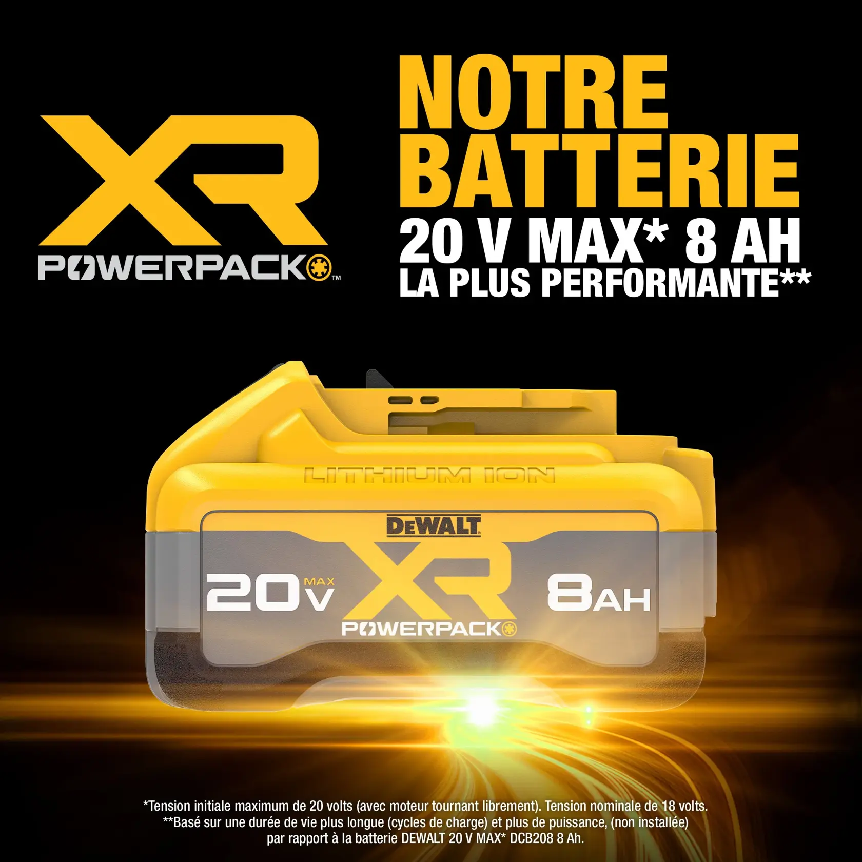 Promotional graphic showing a DEWALT XR PowerPack 20V Max 8Ah lithium-ion battery, with bright yellow branding and text stating 'Our best performing 20V Max 8Ah battery'.