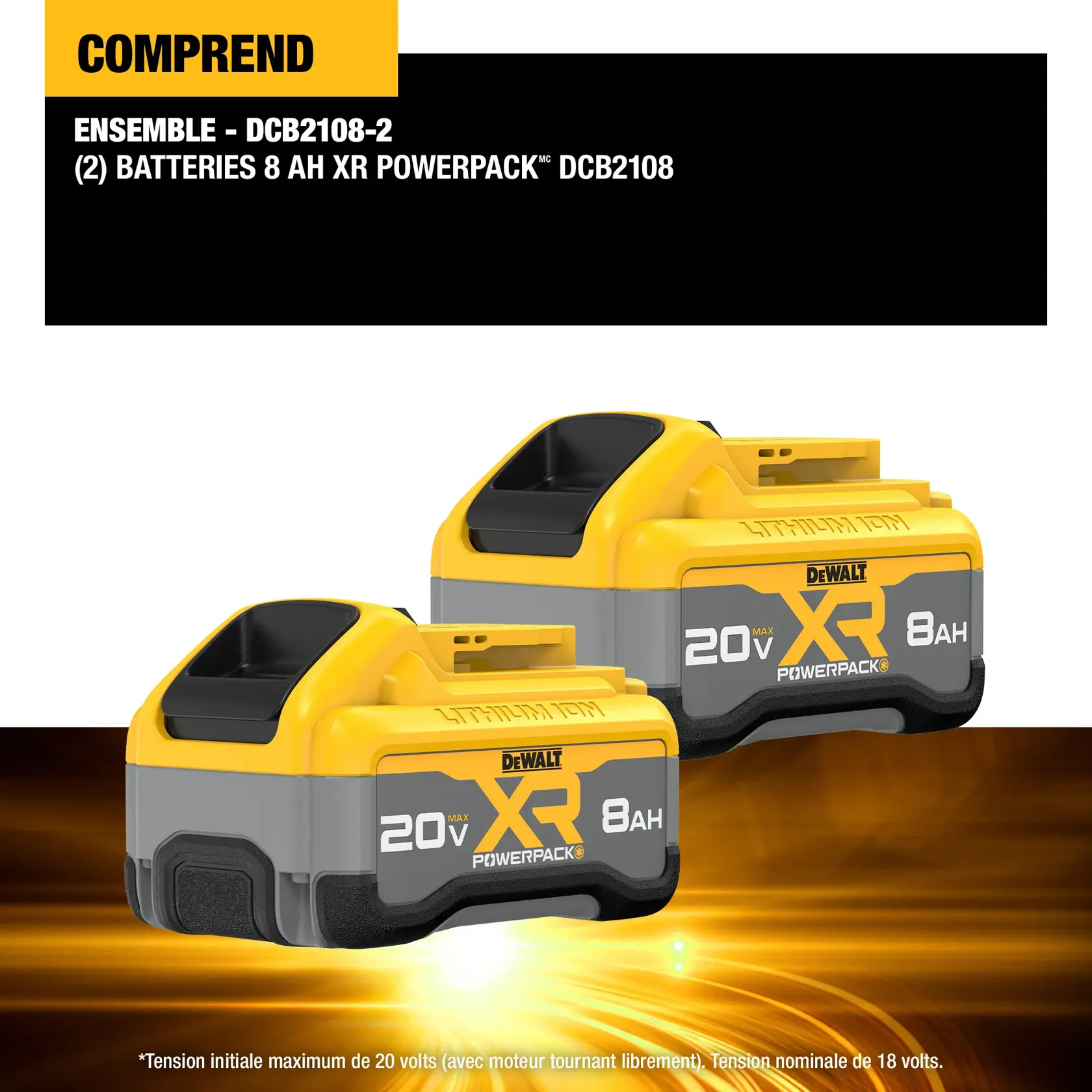 Image showing two DEWALT 20V MAX XR Powerpack 8Ah lithium-ion batteries, model DCB2108-2, included in a kit. The batteries are yellow and gray with XR branding, placed on a glowing background. Text describes contents as (2) DCB2108 XR Powerpack 8Ah batteries. Note states maximum initial battery voltage is 20 volts, nominal voltage is 18 volts.