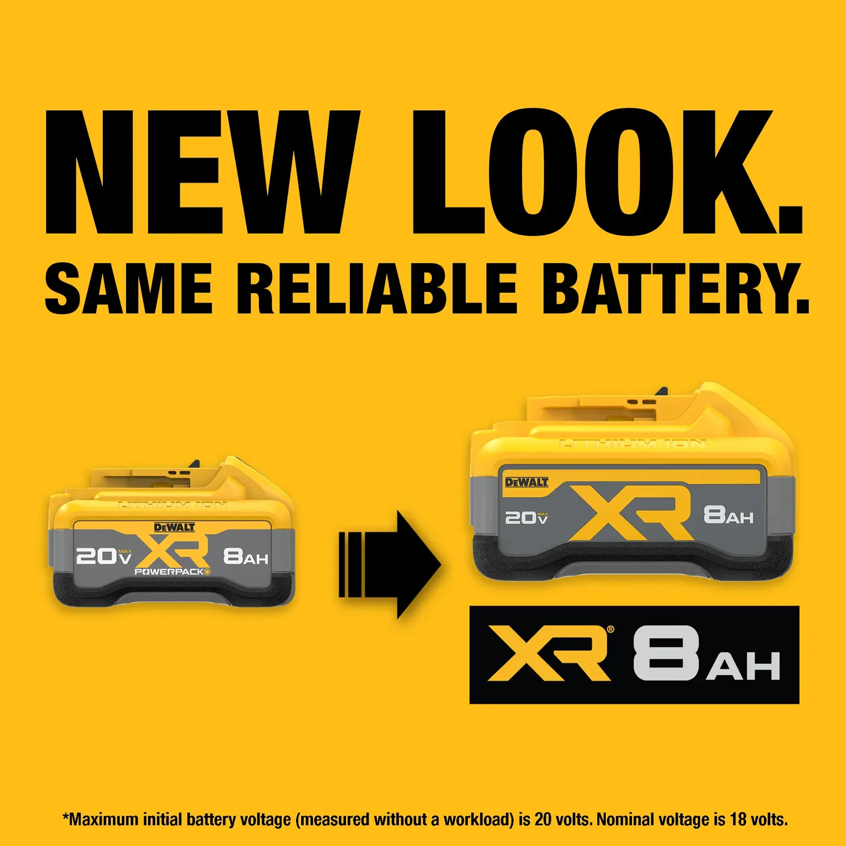 Promotional graphic for DEWALT 20V XR 8Ah battery, showing a new look for the battery while maintaining the same reliable performance. The image displays two DEWALT batteries side by side, with an arrow indicating a change in the design, and highlights the 'XR 8Ah' branding.