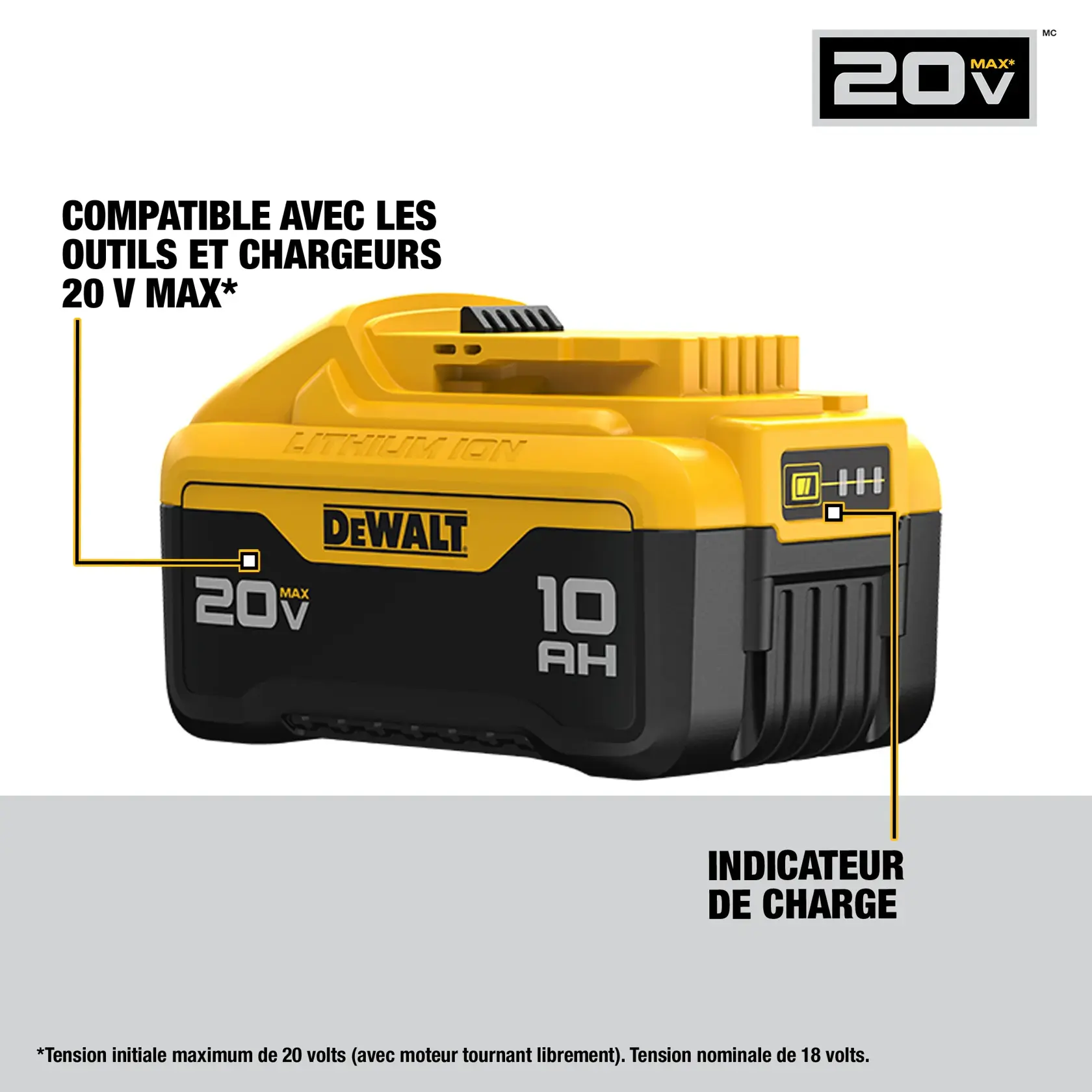 Close-up of a DEWALT 20V Max* 10AH lithium-ion battery pack. The image highlights its compatibility with 20V Max tools and chargers, and features a state of charge indicator on the side. The DEWALT logo is visible on the front. There is a text disclaimer mentioning battery voltage.
