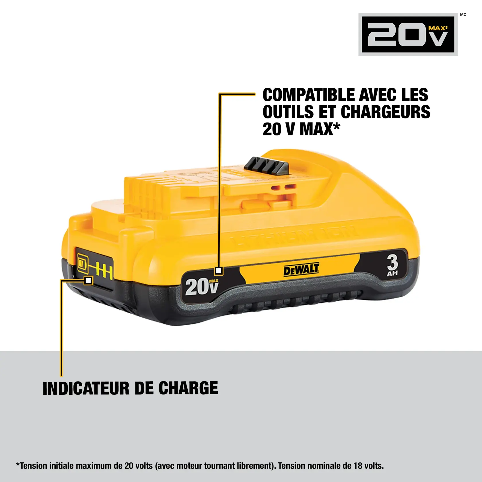 A DEWALT 20V MAX Lithium Ion battery pack, model DCB230-2, is shown. The battery features a 3-LED fuel gauge, no memory effect, low self-discharge, weighs 1.1 lbs, and has a 3.0 Ah capacity.