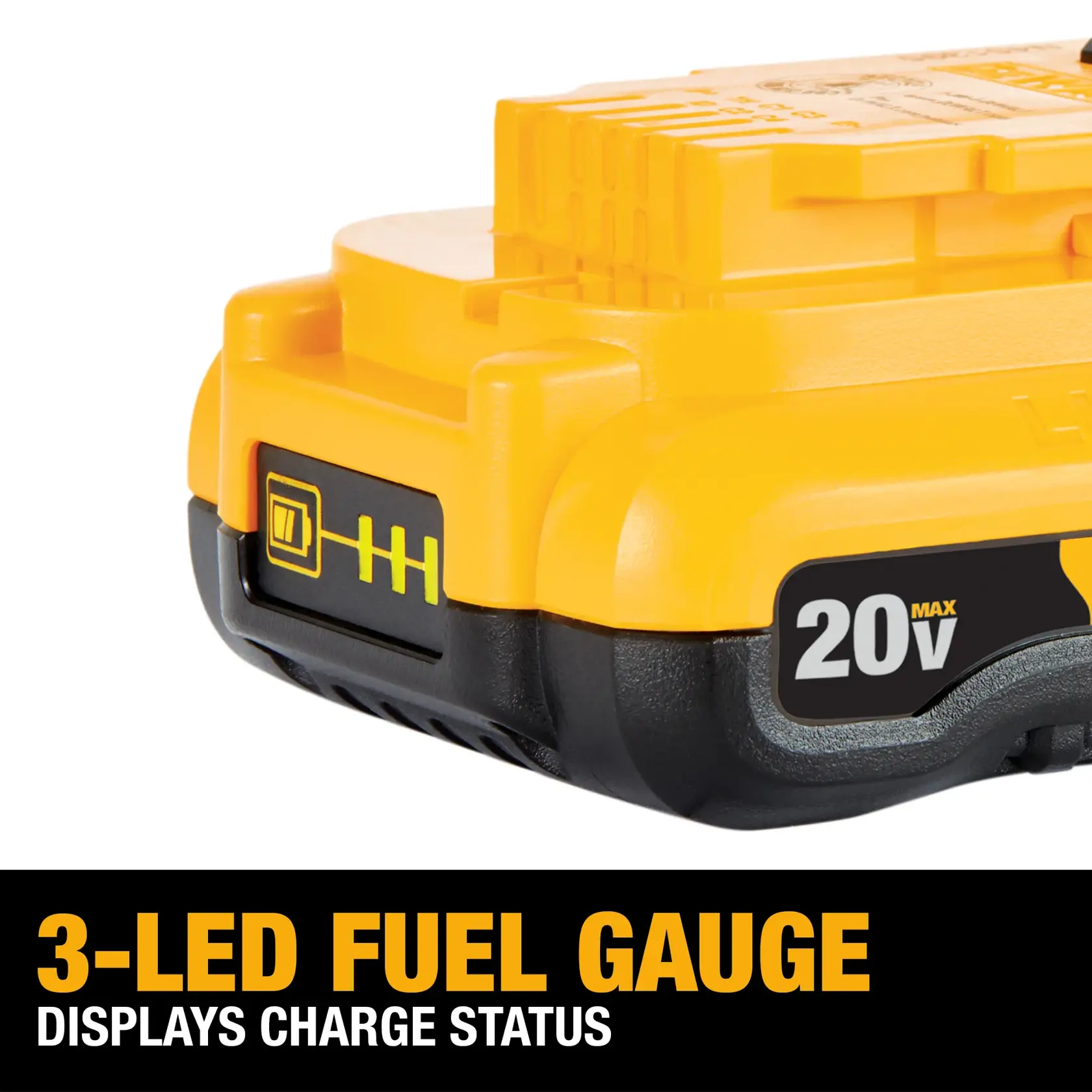 Close-up image of a DEWALT 20V MAX battery showing the 3-LED fuel gauge feature that displays charge status.