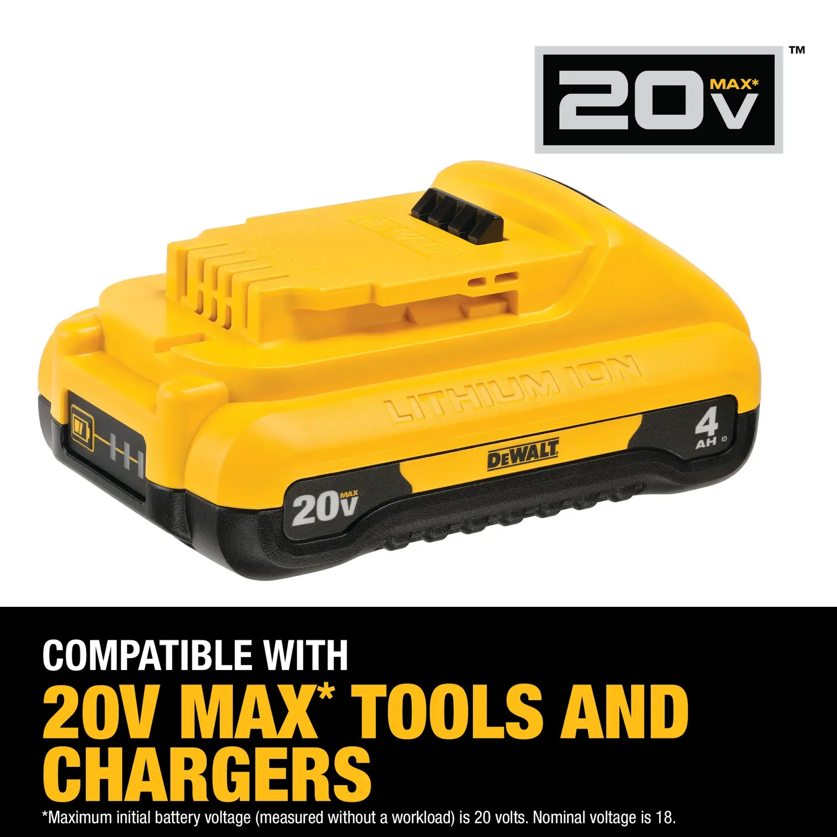 Une batterie lithium-ion Dewalt 20V MAX 4Ah, jaune et noire, vue de face.