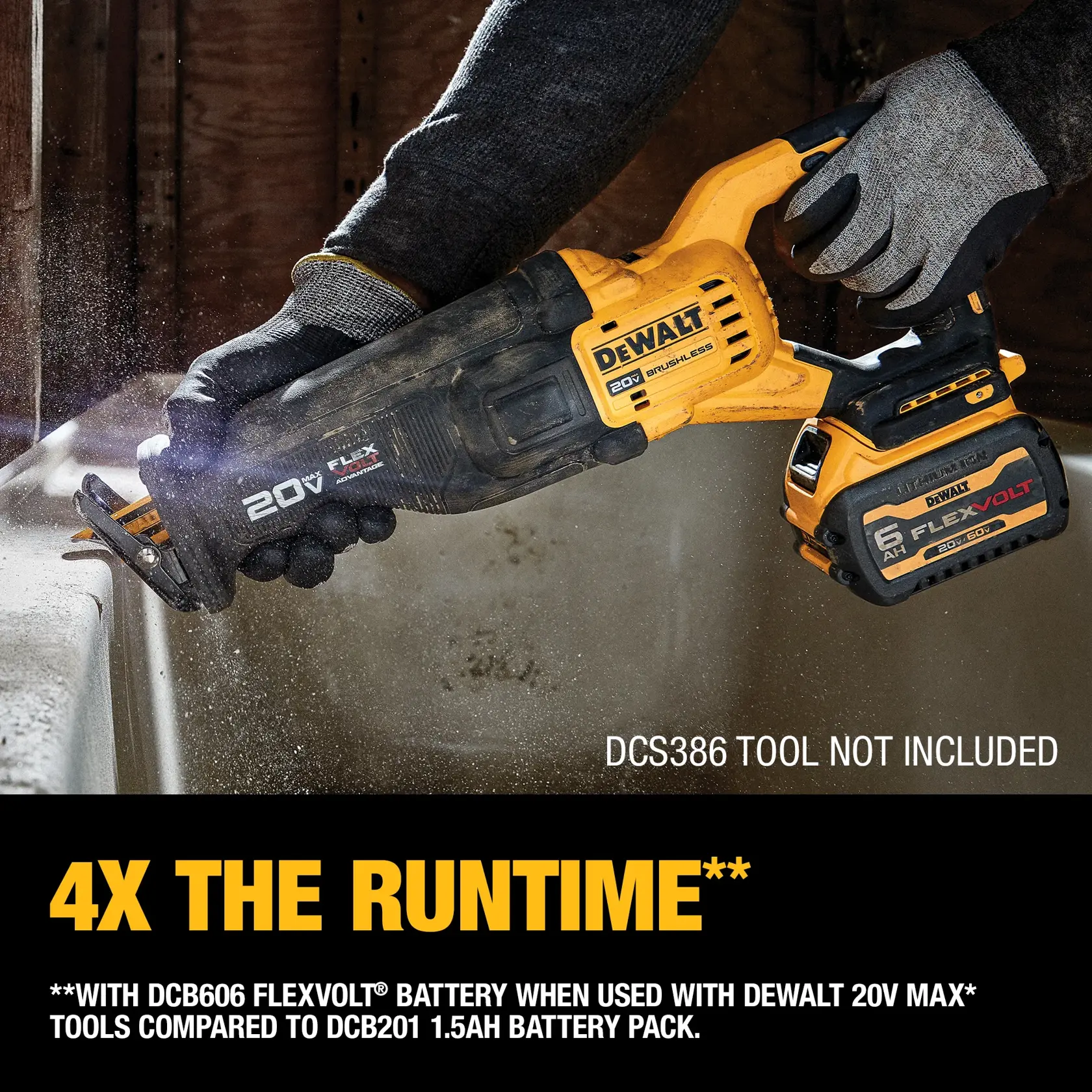 A person wearing gloves uses a DEWALT 20V cordless reciprocating saw equipped with a DEWALT DCB606 FLEXVOLT 6Ah battery. The saw is cutting into a white surface and dust is visible. A caption highlights '4X THE RUNTIME' with the Flexvolt battery compared to the DCB201 1.5Ah battery pack. The image notes that the DCS386 tool is not included.