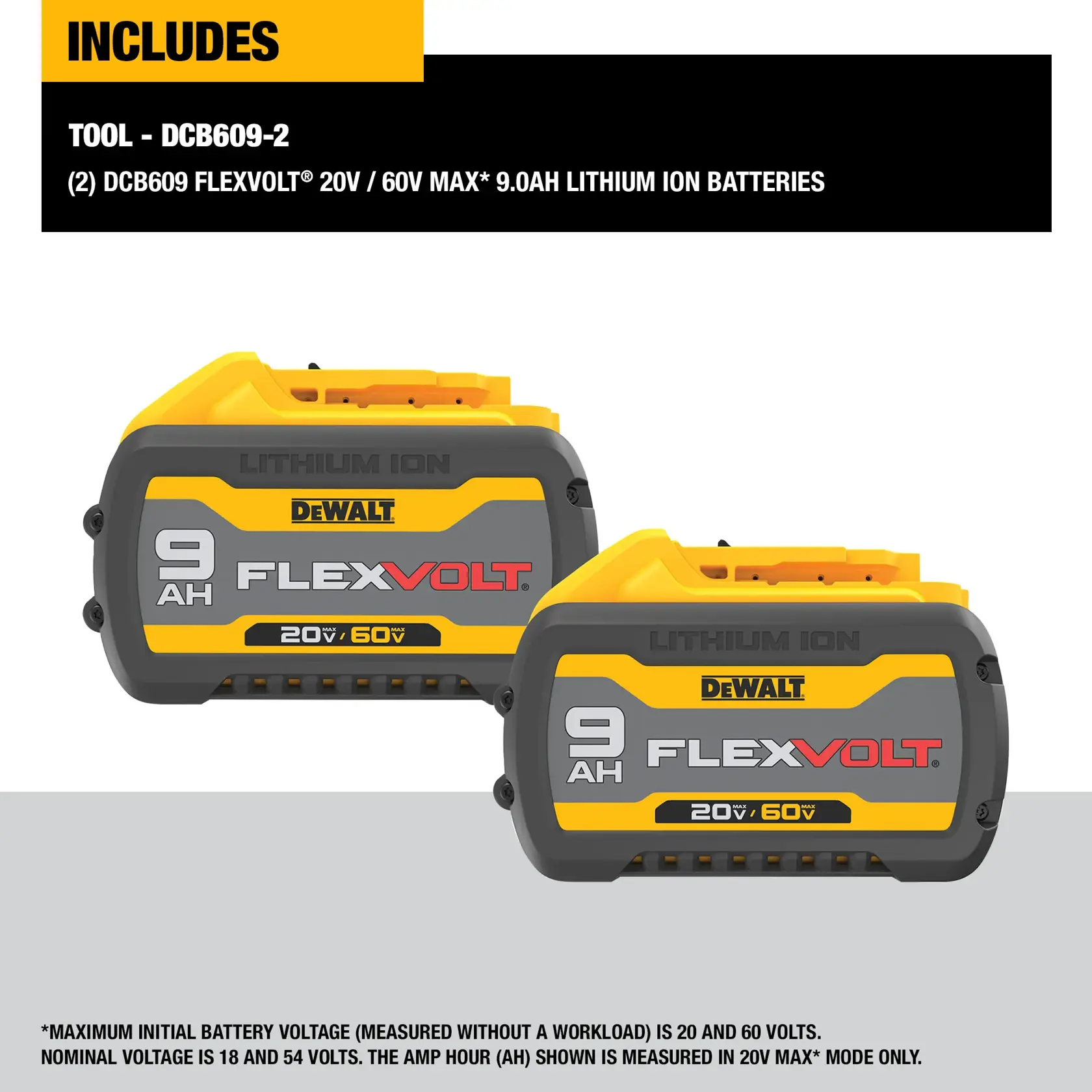 Two DEWALT FlexVolt lithium ion batteries, model DCB609-2, each with 9.0 amp-hour capacity and labeled for 20V / 60V MAX use. The batteries are shown with yellow and gray casing, and product specifications are displayed above.