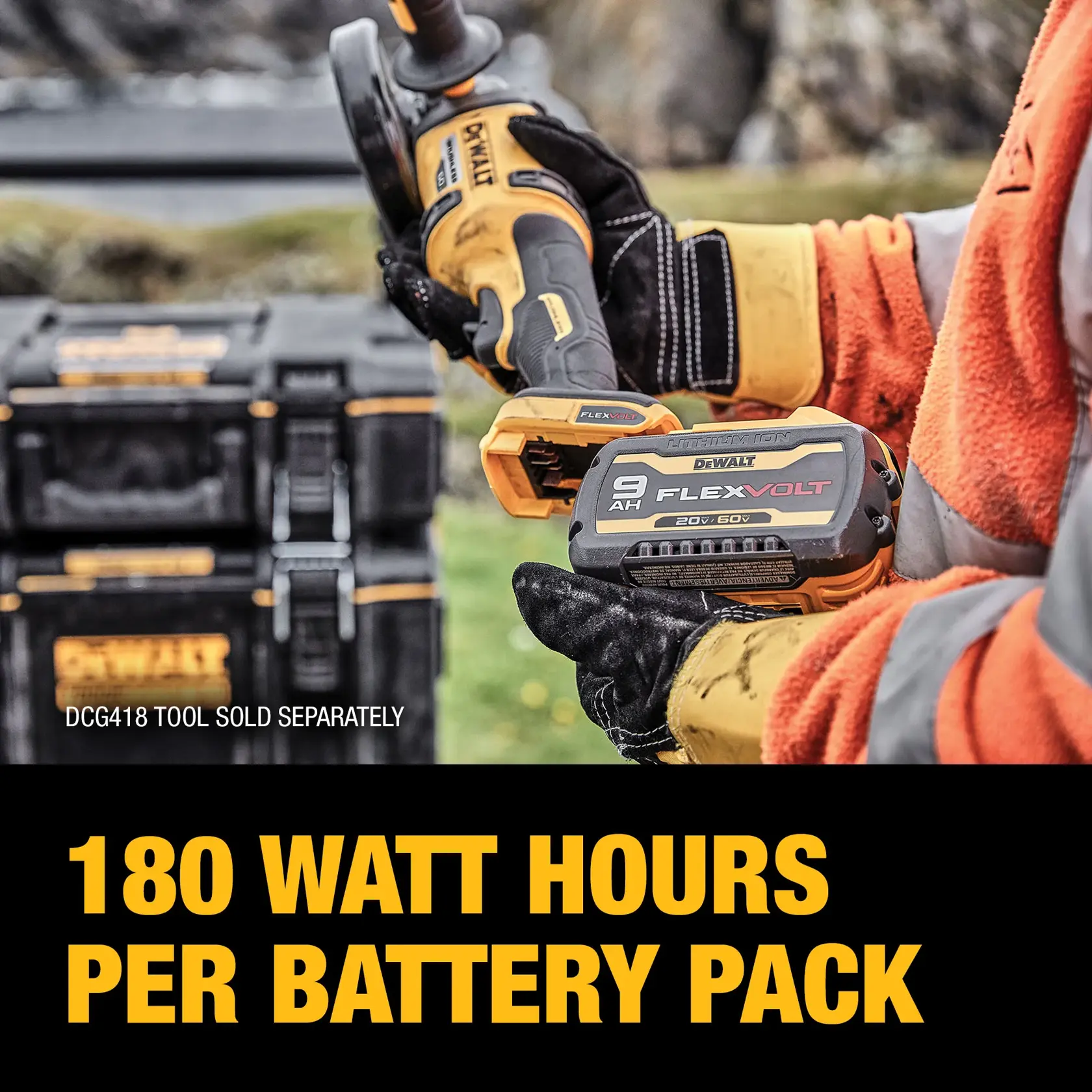 A person wearing work gloves and an orange safety jacket is holding a DEWALT FLEXVOLT 9 Ah battery pack and cordless power tool. There are DEWALT storage cases in the background. Large yellow text at the bottom reads, '180 watt hours per battery pack.'