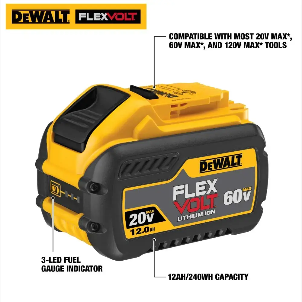 DEWALT FLEXVOLT lithium-ion battery model DCB609 shown with labeling describing 20V/60V max compatibility, 3-LED fuel gauge indicator, and 12Ah/240Wh capacity. Battery is yellow and black in color.