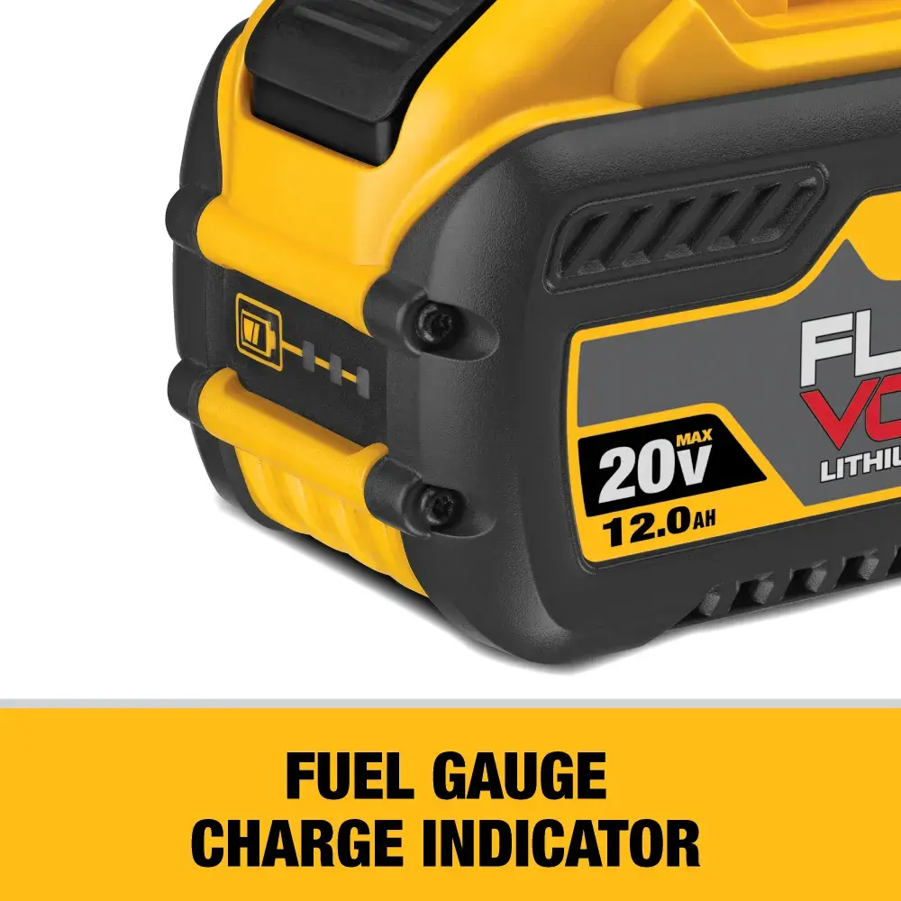Close-up of a DEWALT 20V Max 12.0 Ah lithium-ion battery with a visible fuel gauge charge indicator on the side. Text below reads 'Fuel Gauge Charge Indicator' in black letters on a yellow background.