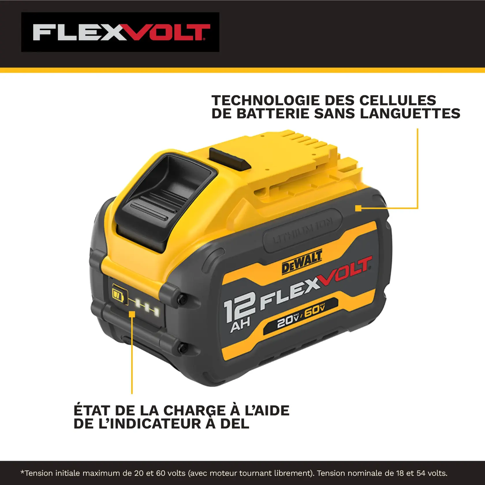 Batterie DEWALT FLEXVOLT 12Ah 20V/60V, cellules sans languettes et indicateur de charge LED.