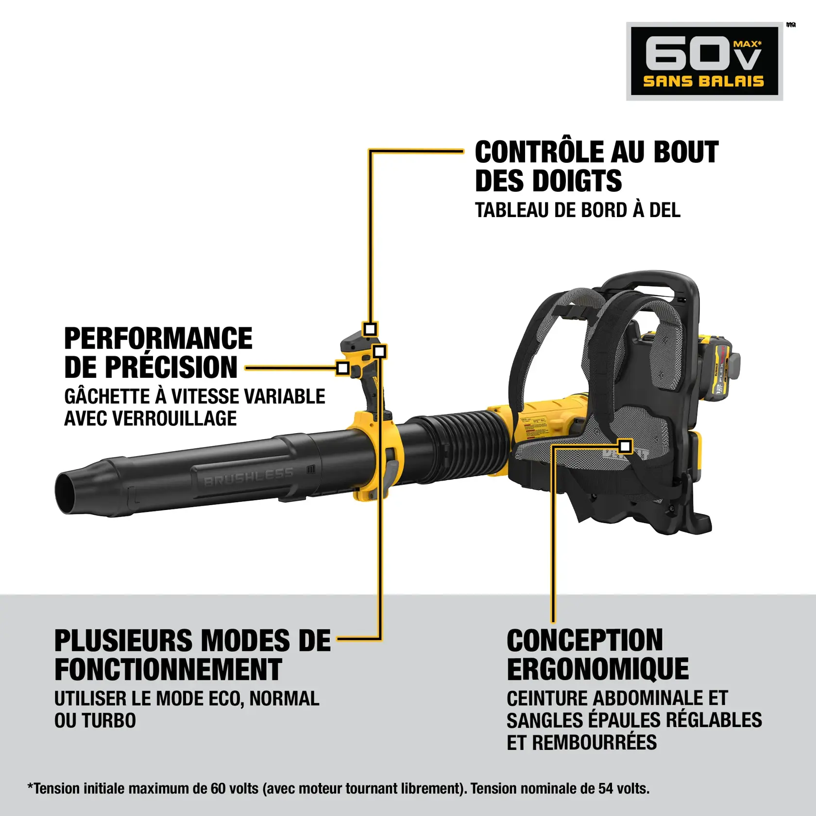 Image of a DEWALT 60V MAX Brushless battery-powered backpack blower, model DCBL570Y2. Features include control at your fingertips with a bright LED dashboard, precision performance from a variable speed trigger with lock, multiple performance modes including eco, normal, and turbo, and ergonomic design with adjustable, padded waist and shoulder straps.