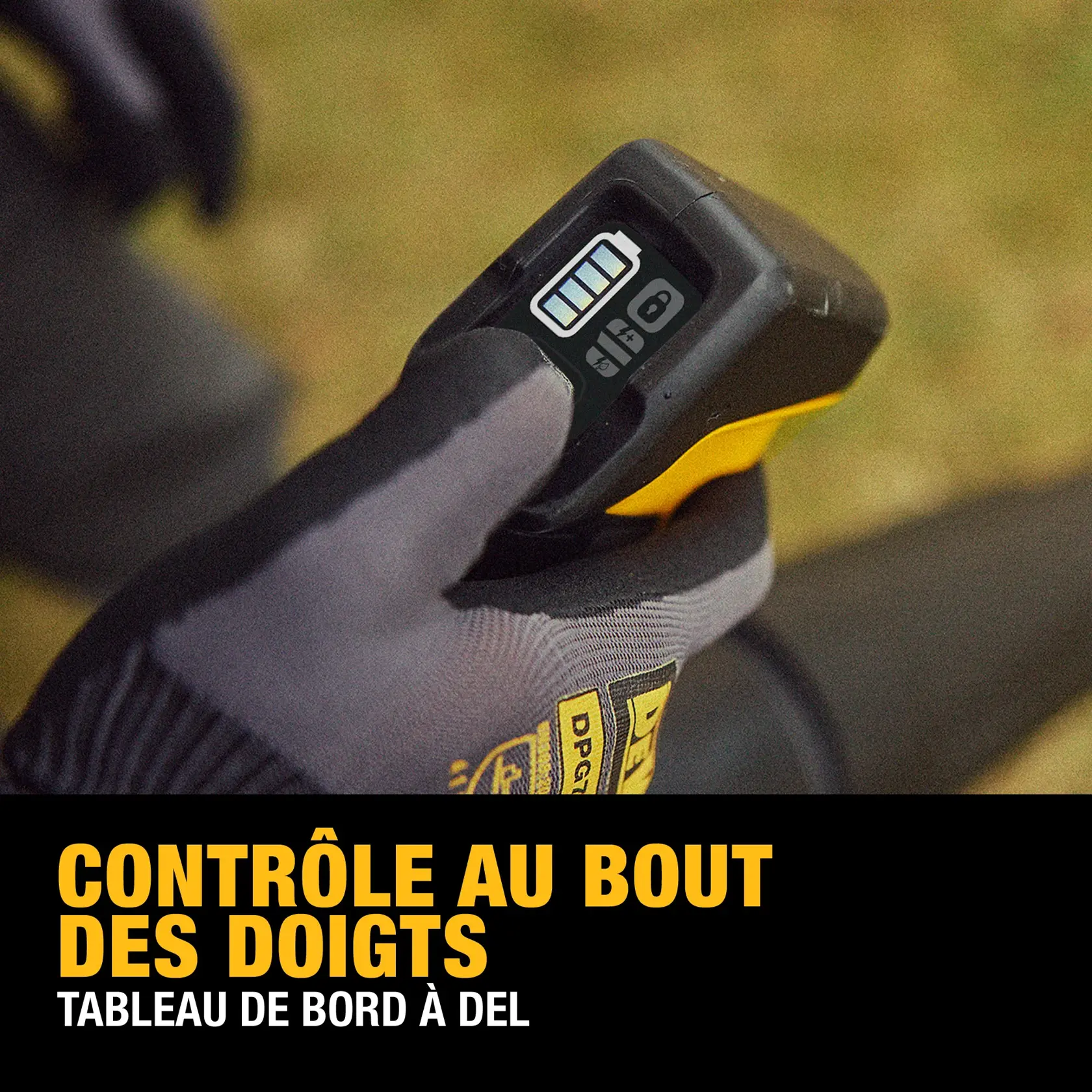 A gloved hand holds a DEWALT power tool, showing a close-up of its bright LED dashboard with battery and control icons. Text overlay reads 'Control at your fingertips. Bright LED dashboard.'
