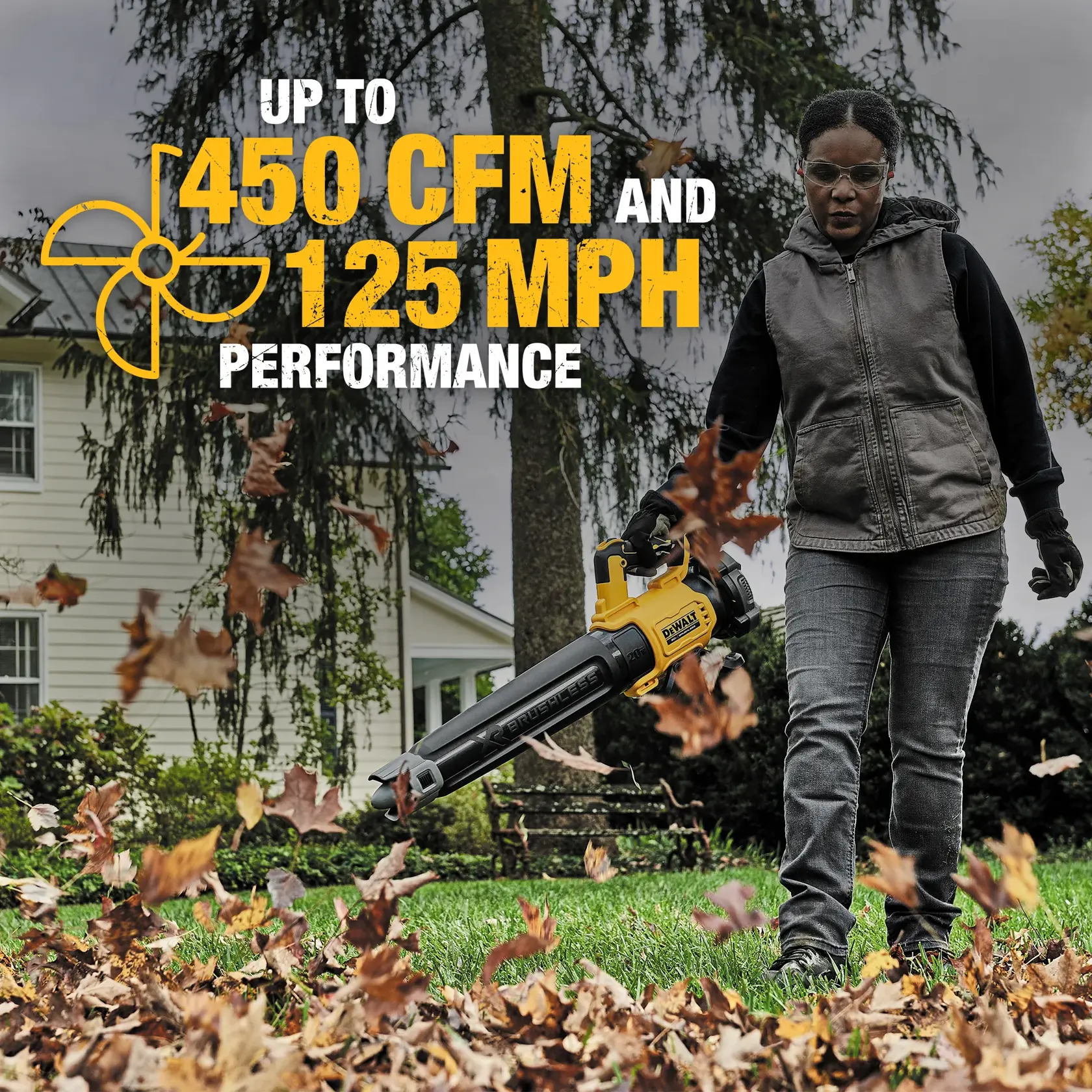 Person uses DEWALT DCBL722B blower to clear leaves; text highlights up to 450 CFM and 125 MPH performance.