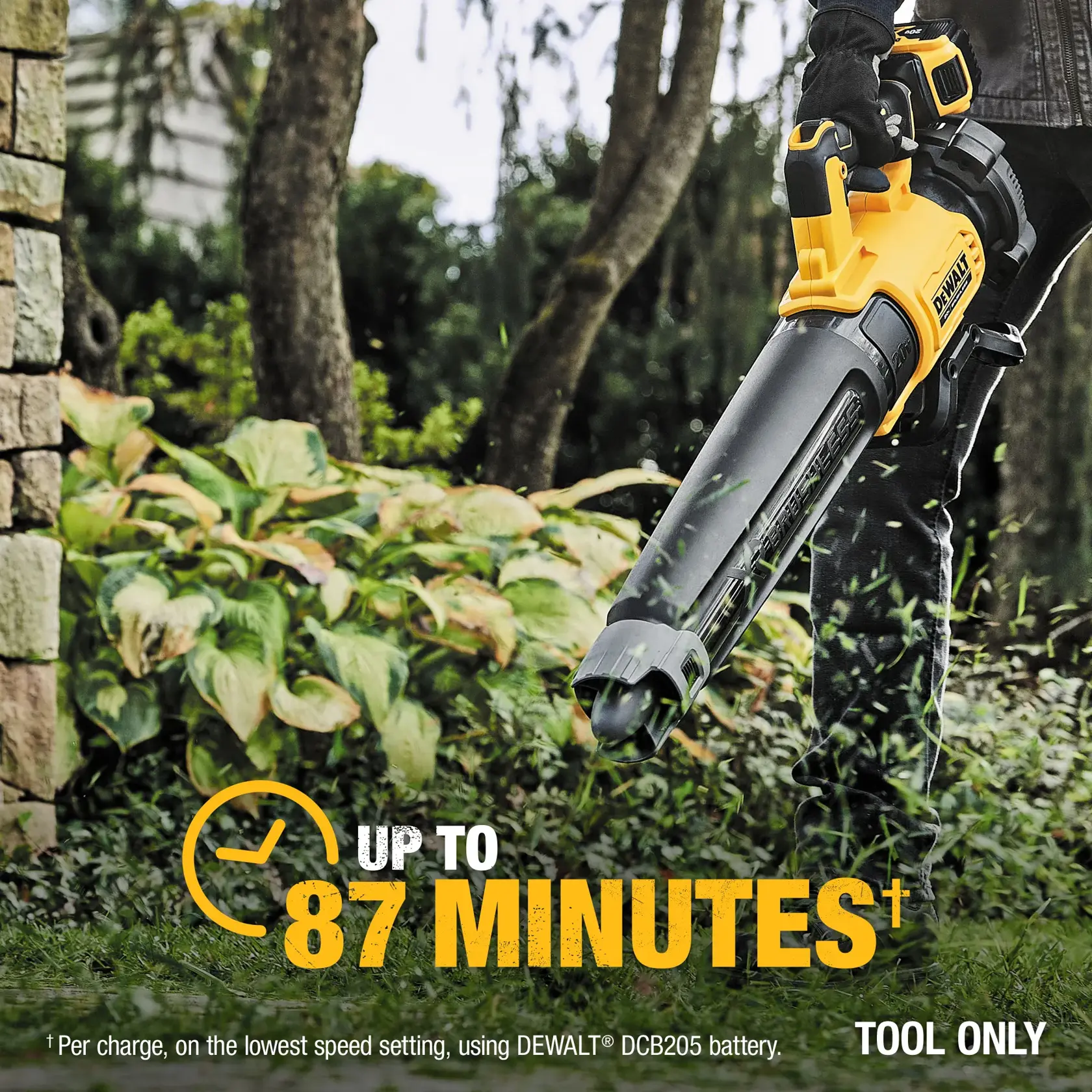DEWALT cordless leaf blower in use outdoors, advertised for up to 87 minutes runtime. Tool only, battery not included.