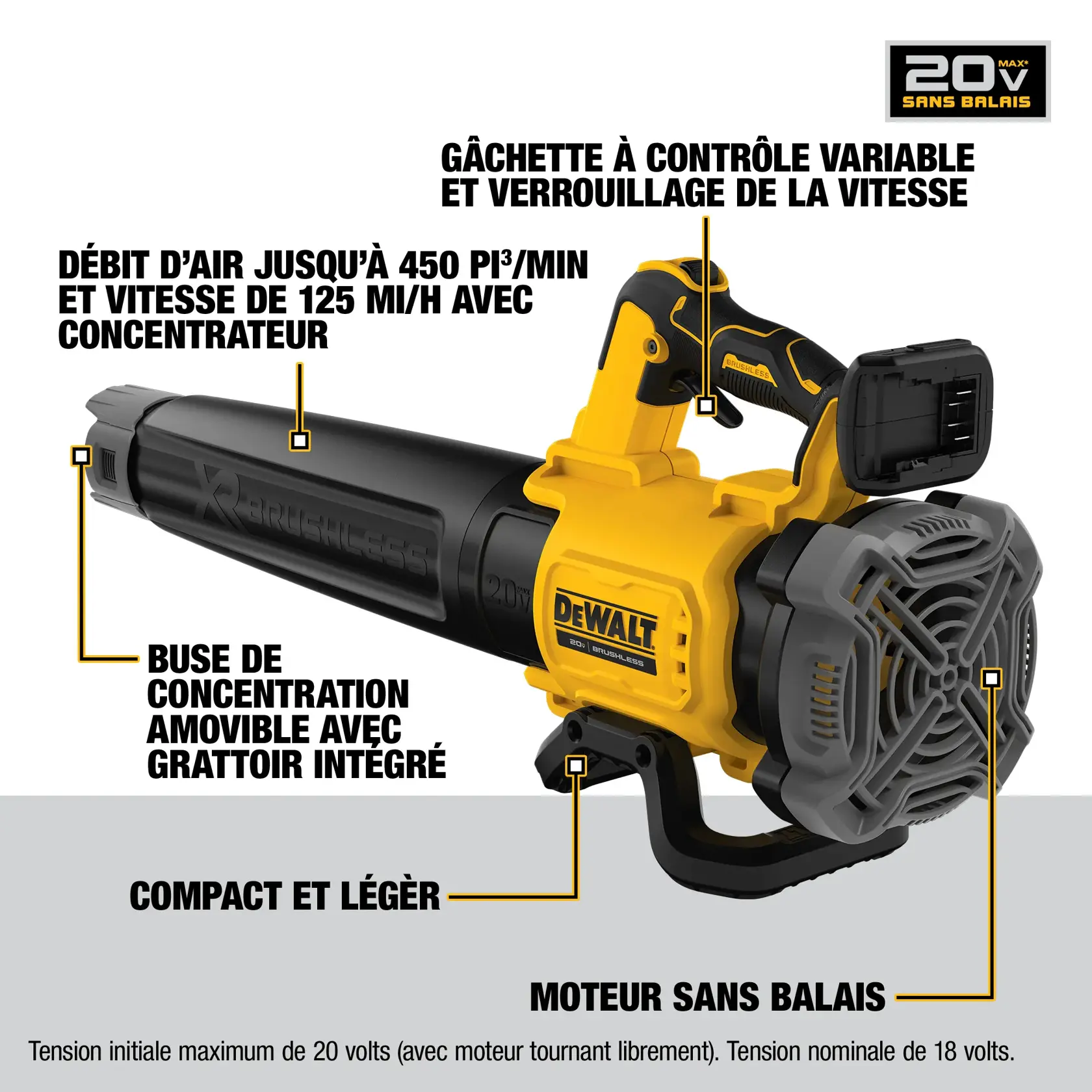 DEWALT 20V brushless leaf blower with variable trigger, lightweight, removable concentrator, and up to 450 CFM.