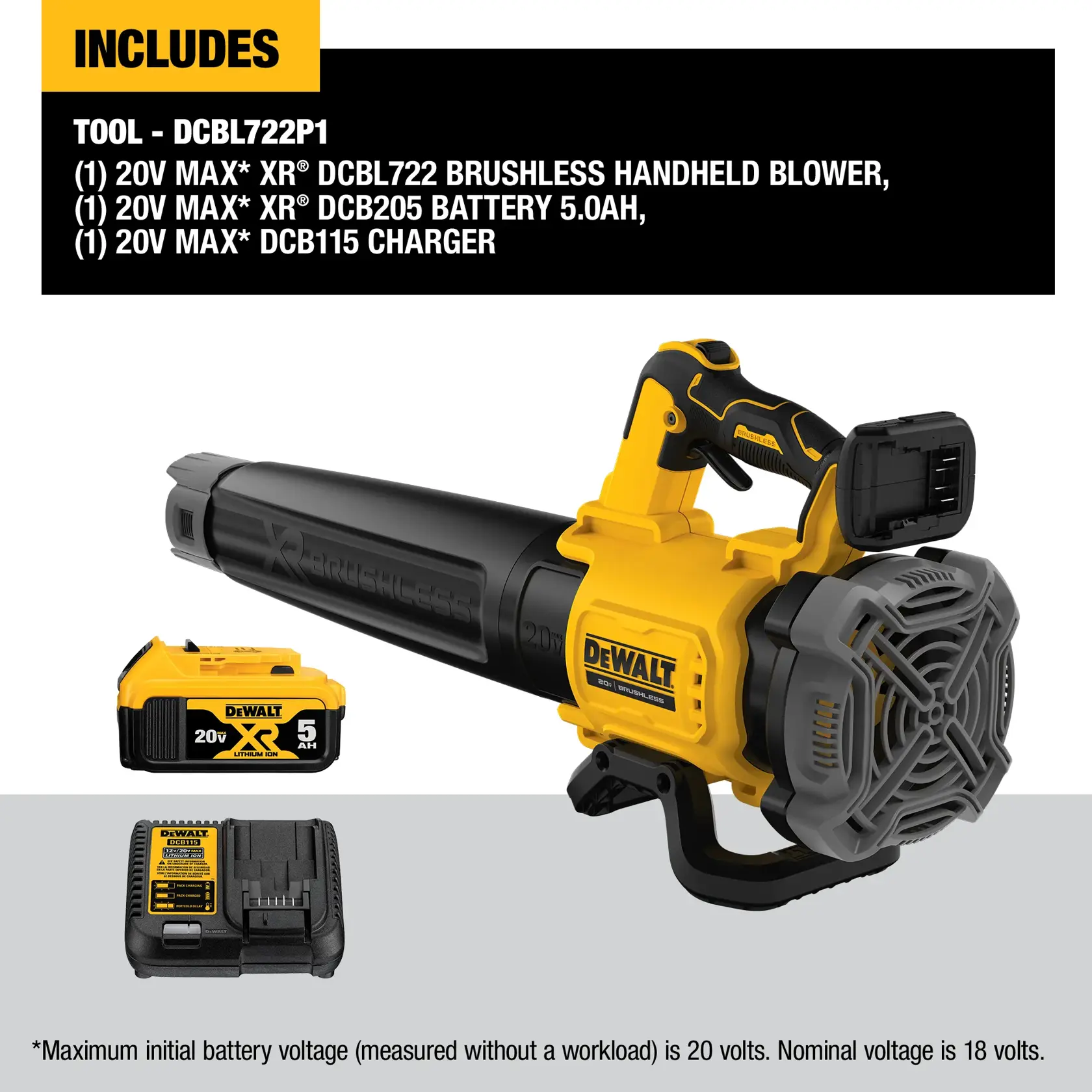 The image shows a DEWALT 20V MAX XR DCBL722P1 brushless handheld blower kit. Displayed are the yellow and black blower, a 20V XR 5.0Ah lithium-ion battery, and a charger. The blower features a large handle and air intake, with product details and what's included listed above the items.