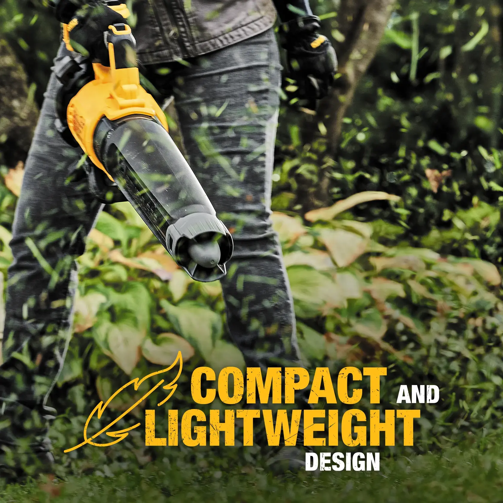 A person outdoors using a DEWALT leaf blower, with grass clippings flying around. The text on the image reads 'Compact and Lightweight Design' in bold yellow letters.