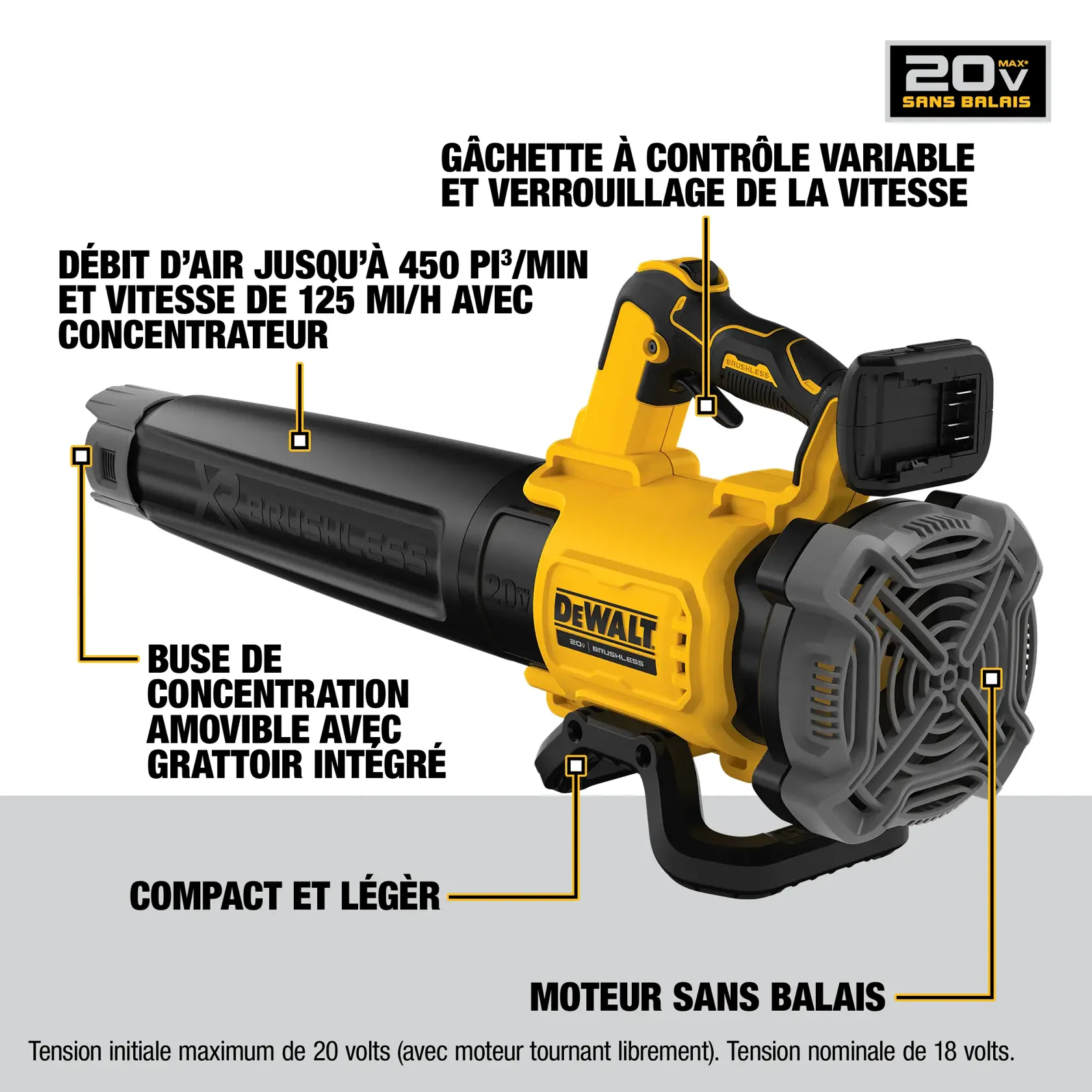 Image of a DEWALT 20V MAX brushless cordless leaf blower, model DCBL722P1. The blower is yellow and black, featuring a brushless motor, variable trigger with speed lock, removable concentrator with built-in scraper, and is described as compact and lightweight. Performance specs include up to 450 CFM and 125 MPH.
