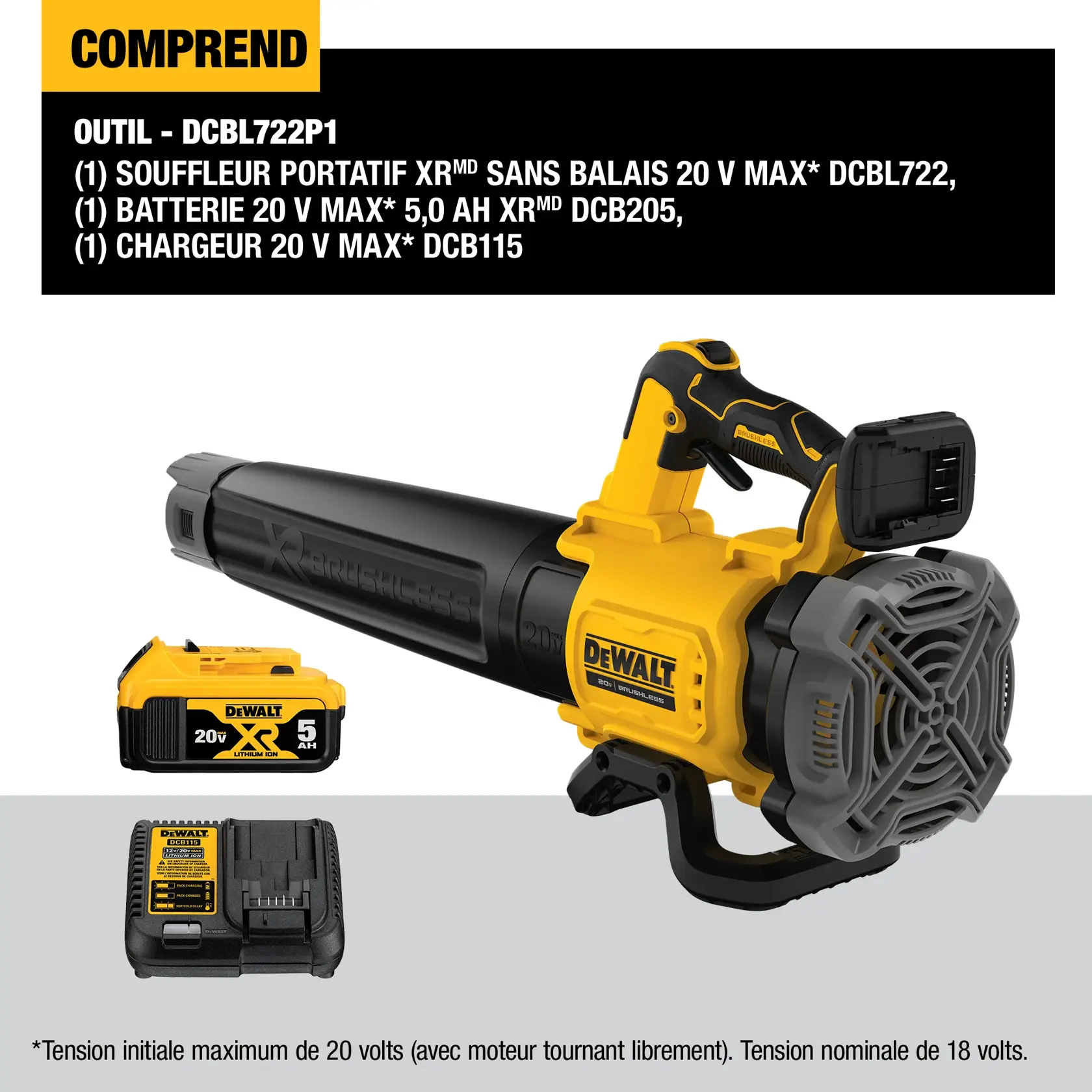 The image shows a DEWALT 20V MAX XR DCBL722P1 brushless handheld blower kit. Displayed are the yellow and black blower, a 20V XR 5.0Ah lithium-ion battery, and a charger. The blower features a large handle and air intake, with product details and what's included listed above the items.
