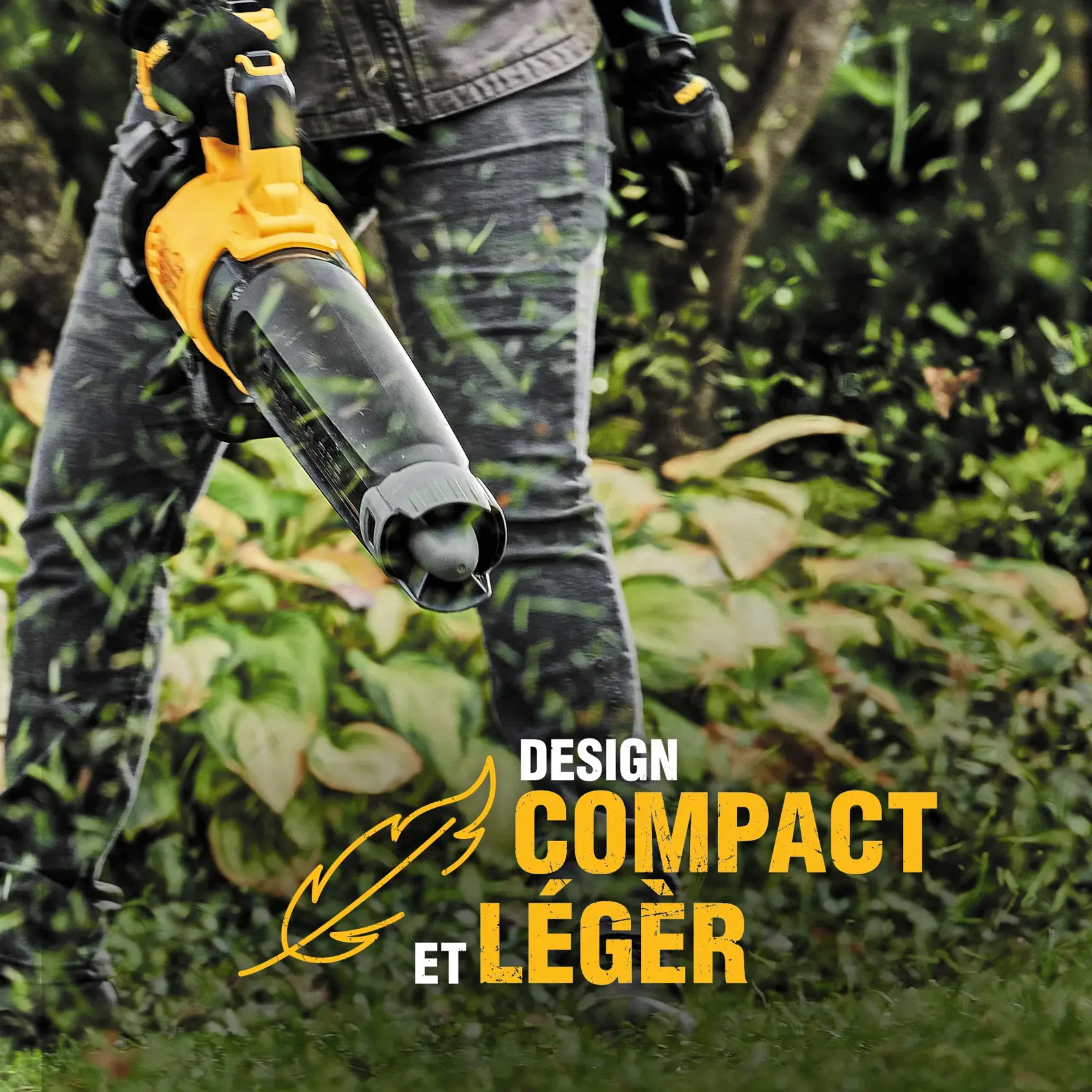 A person outdoors using a DEWALT leaf blower, with grass clippings flying around. The text on the image reads 'Compact and Lightweight Design' in bold yellow letters.